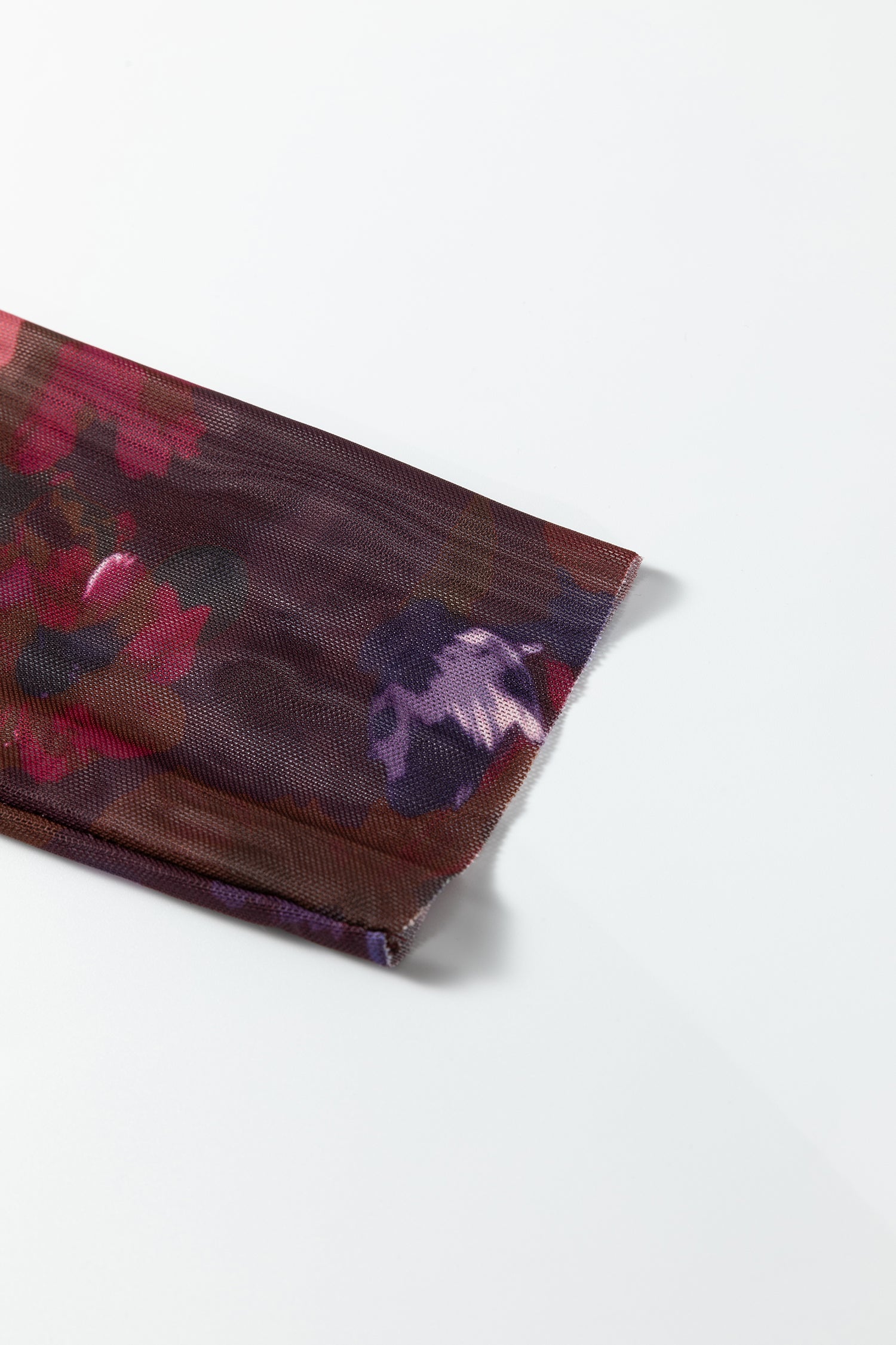 Brown High Neck Ruched Floral Mesh Top-Tops/Long Sleeve Tops-[Adult]-[Female]-2022 Online Blue Zone Planet