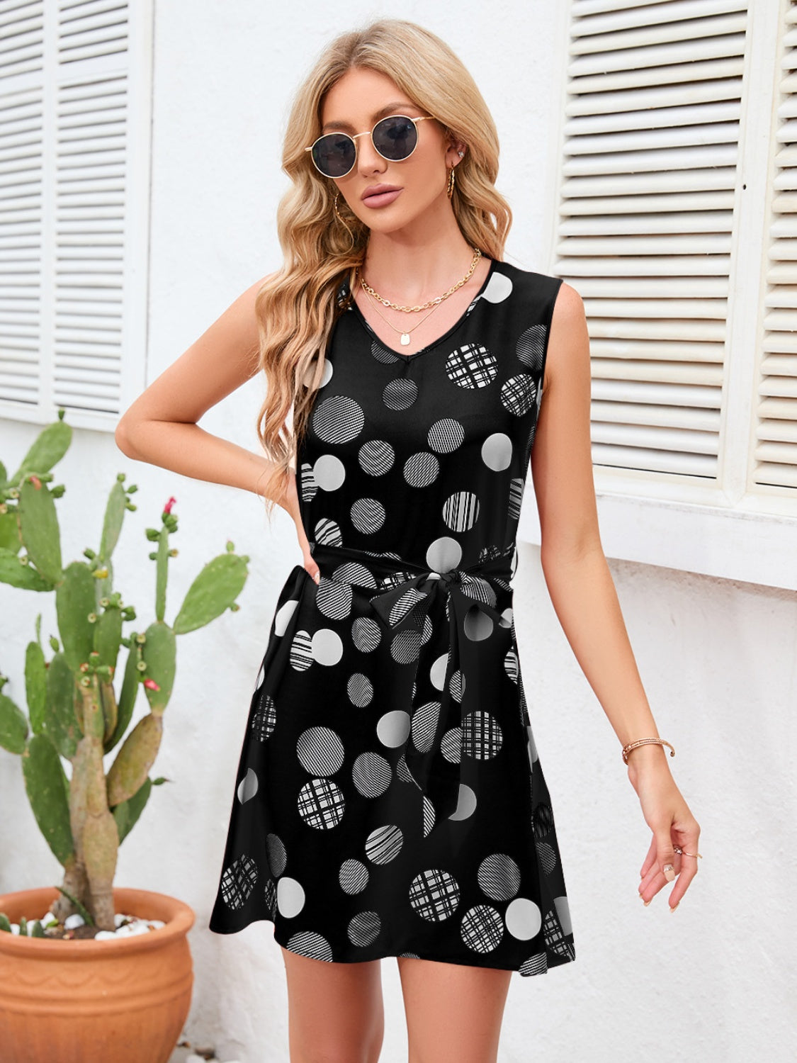 Tied Polka Dot V-Neck Dress-TOPS / DRESSES-[Adult]-[Female]-2022 Online Blue Zone Planet