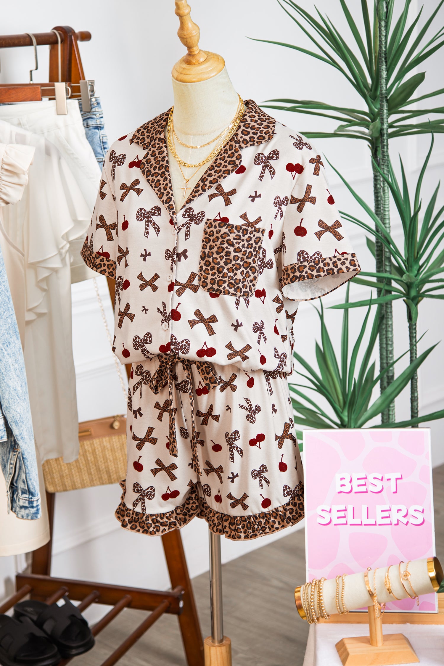 White Chic Bow Cherry Printed Leopard Contrast Patchwork Shirt Drawstring Shorts 2pcs PJ Set-Loungewear & Sleepwear/Sleepwear-[Adult]-[Female]-2022 Online Blue Zone Planet