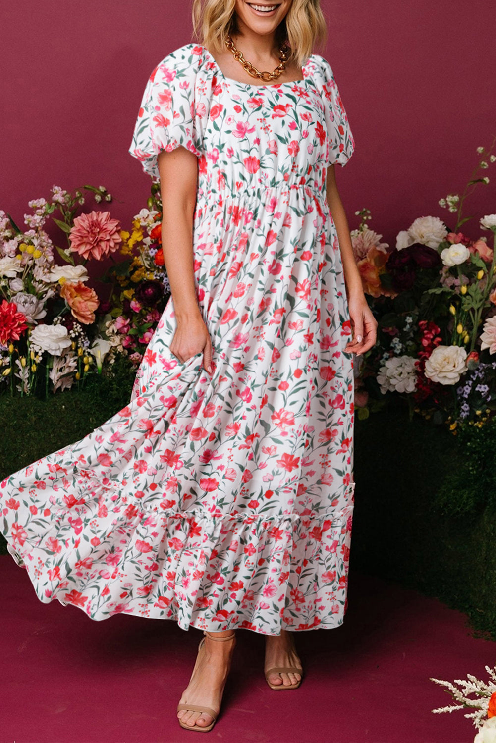 Pink Floral Puff Sleeve Square Neck Empire Waist Tiered Maxi Dress-Dresses/Floral Dresses-[Adult]-[Female]-Pink-S-2022 Online Blue Zone Planet
