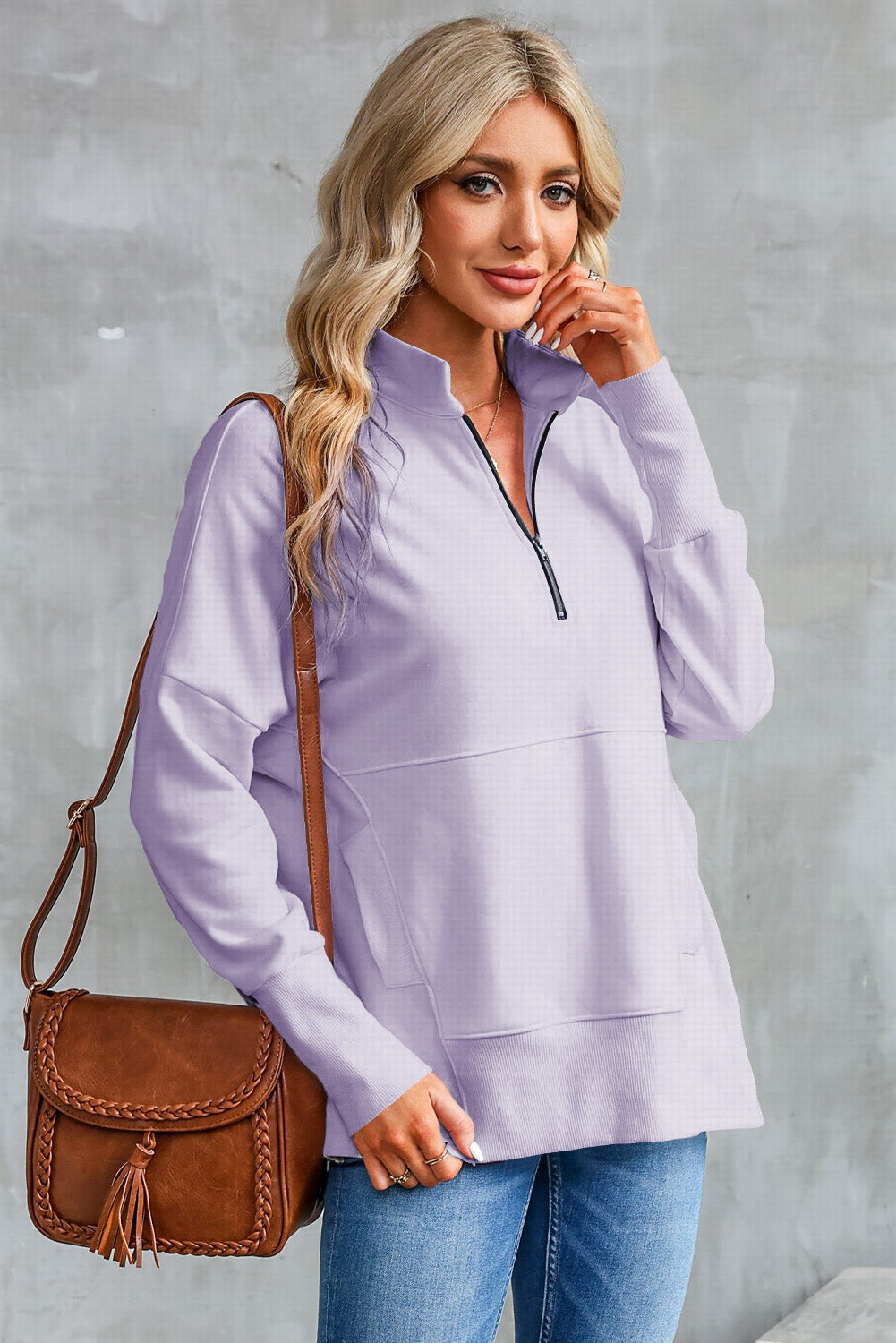 Half Zip Pocketed Dropped Shoulder Sweatshirt-TOPS / DRESSES-[Adult]-[Female]-Lavender-S-2022 Online Blue Zone Planet