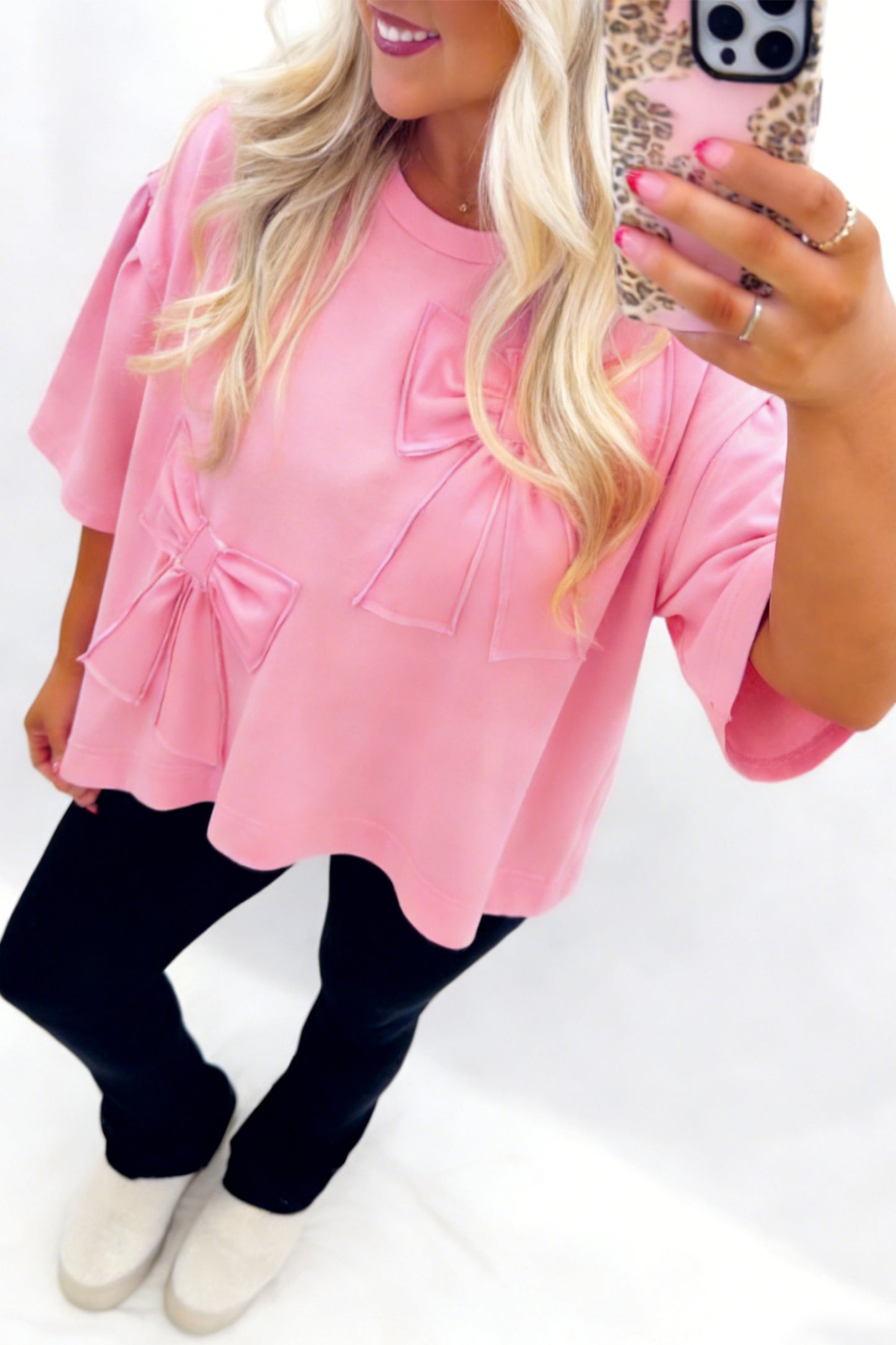 Pink Solid Color Raw Edge Bow Patch Loose T Shirt-Tops/Tops & Tees-[Adult]-[Female]-2022 Online Blue Zone Planet