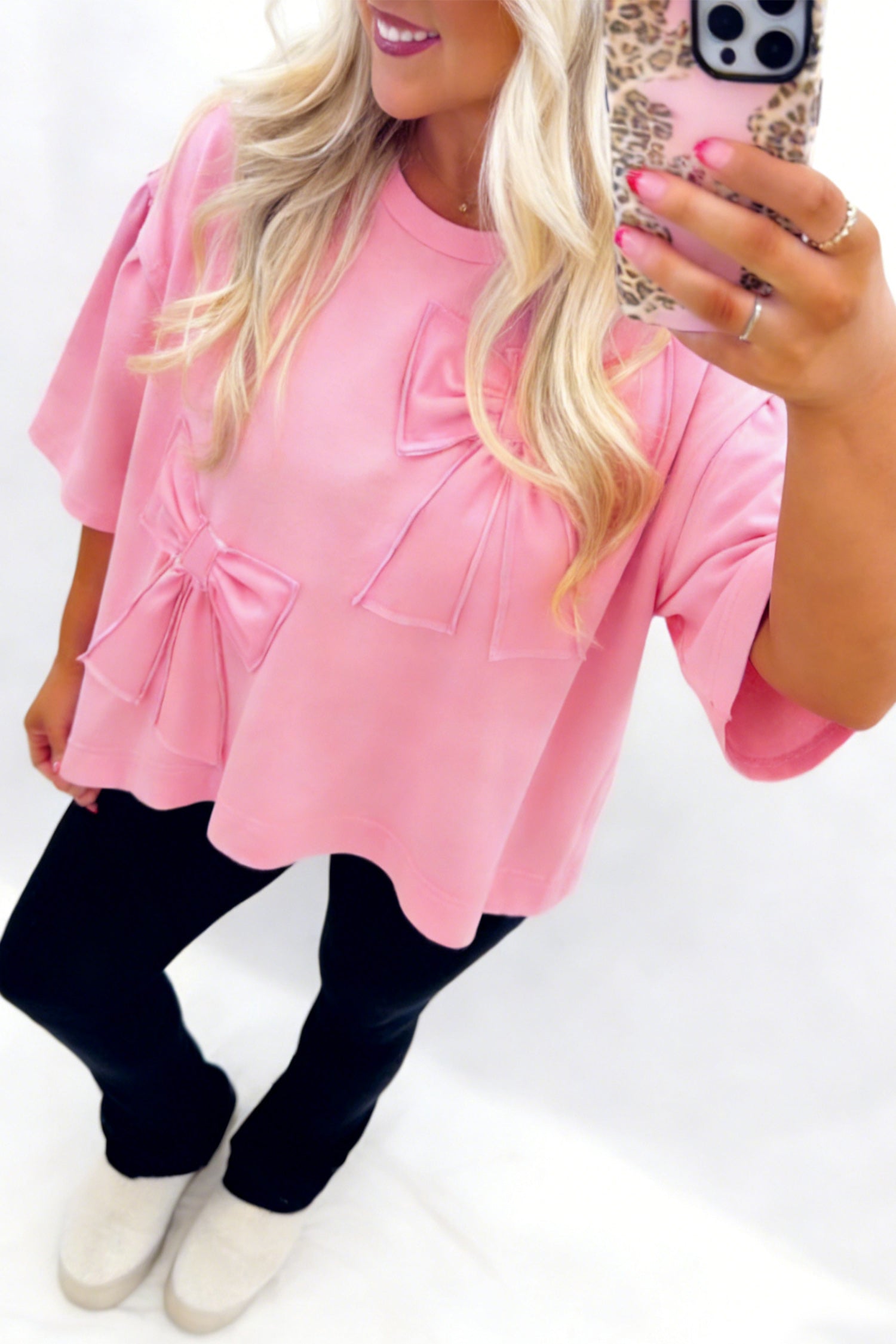 Pink Solid Color Raw Edge Bow Patch Loose T Shirt-Tops/Tops & Tees-[Adult]-[Female]-2022 Online Blue Zone Planet