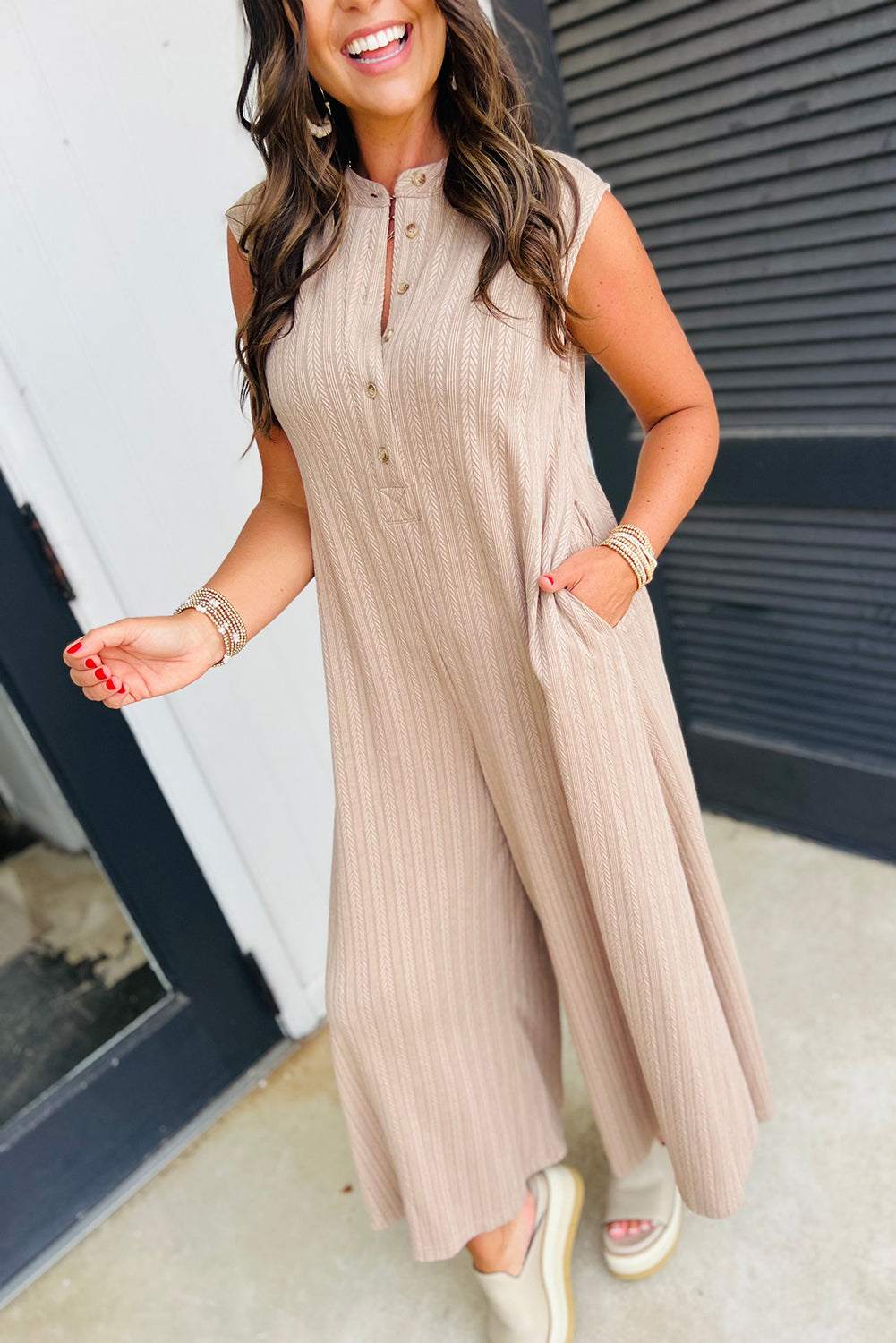 Smoke Gray Textured Buttoned Wide Leg Sleeveless Jumpsuit-Bottoms/Jumpsuits & Rompers-[Adult]-[Female]-2022 Online Blue Zone Planet