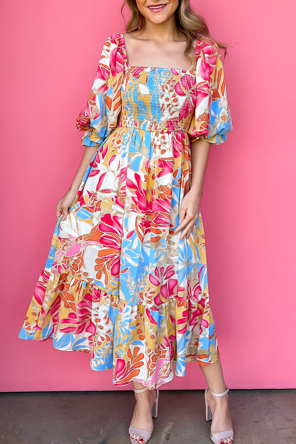 Rose Red Tropical Print Smocked Bodice Puff Sleeve Midi Dress-Midi Dresses-[Adult]-[Female]-Rose Red-S-2022 Online Blue Zone Planet