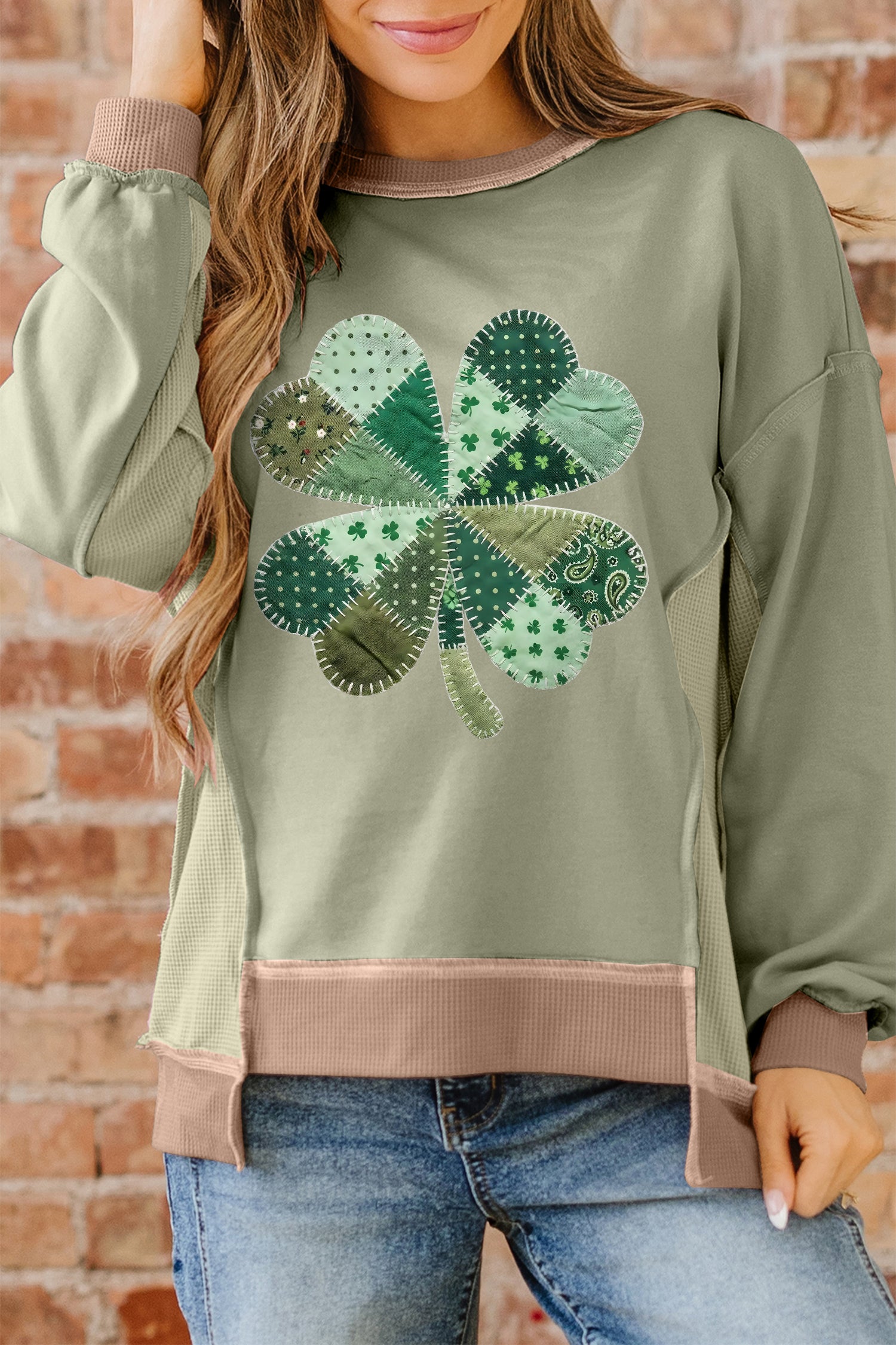Smoke Green Waffled Color Block St Patricks Day Clover Patched Baggy Sweatshirt-Graphic Sweatshirts-[Adult]-[Female]-2022 Online Blue Zone Planet