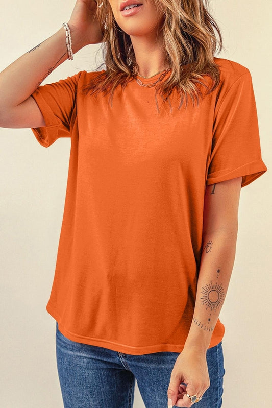 Orange Casual Plain Crew Neck Tee-Tops/Tops & Tees-[Adult]-[Female]-Orange-S-2022 Online Blue Zone Planet