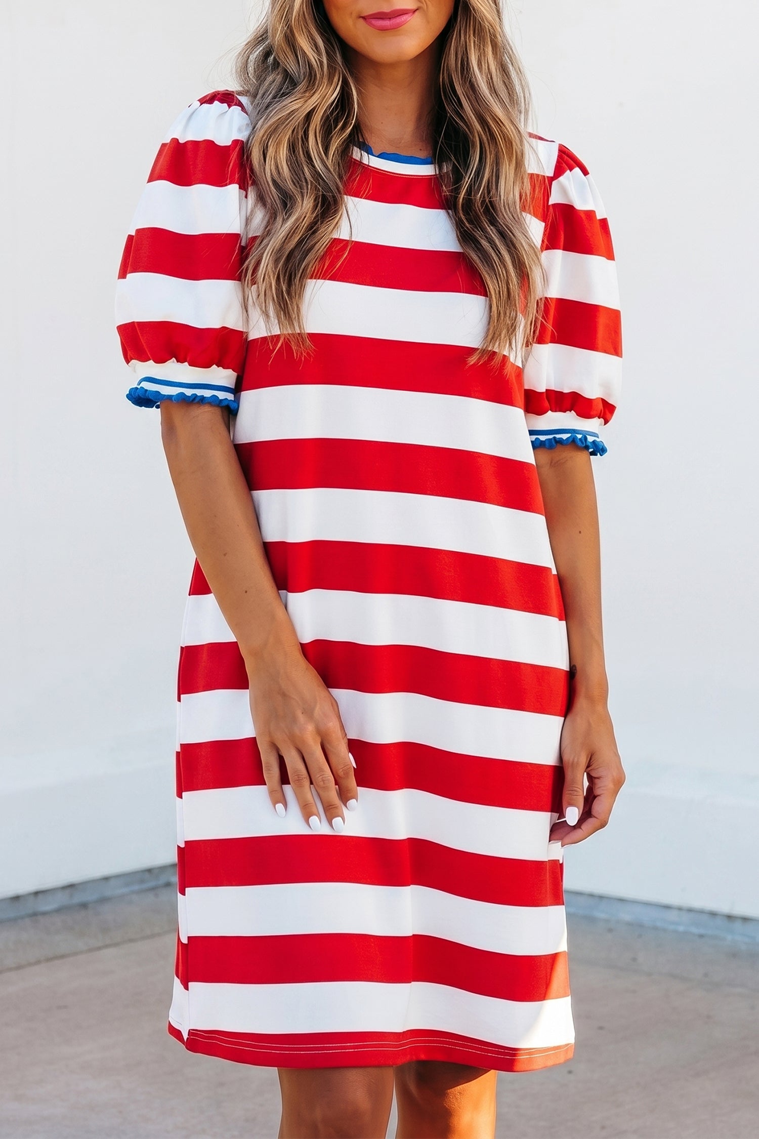 Blue Stripe Contrast Trim Round Neck Short Puff Sleeve Shift Mini Dress-TOPS / DRESSES-[Adult]-[Female]-2022 Online Blue Zone Planet