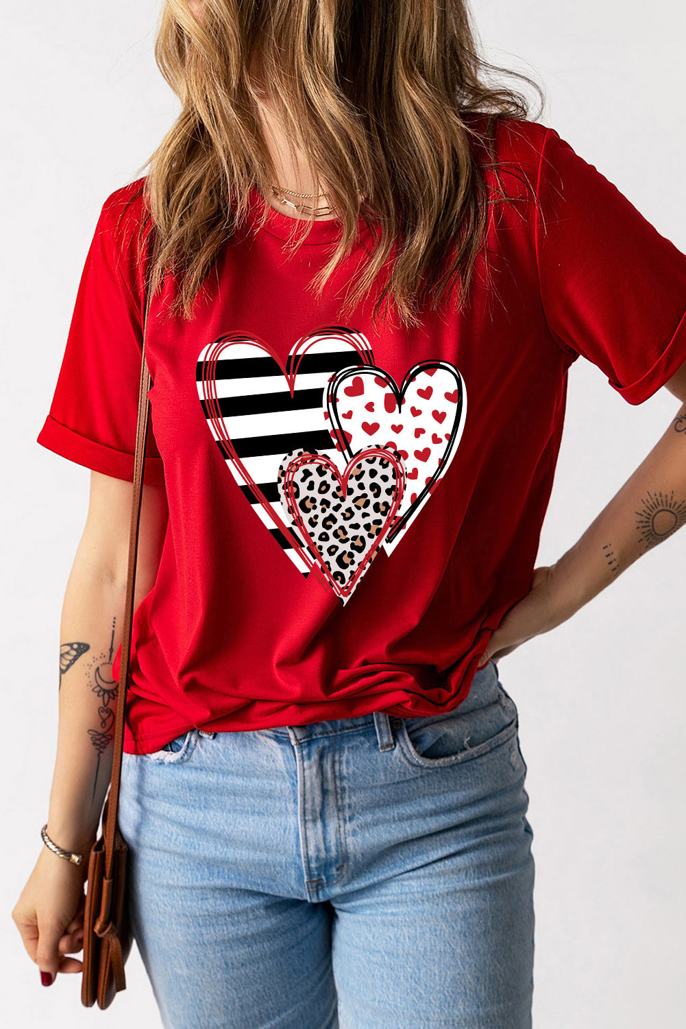 Red Leopard Striped Heart Shaped Print Crew Neck T Shirt-Graphic/Graphic Tees-[Adult]-[Female]-2022 Online Blue Zone Planet
