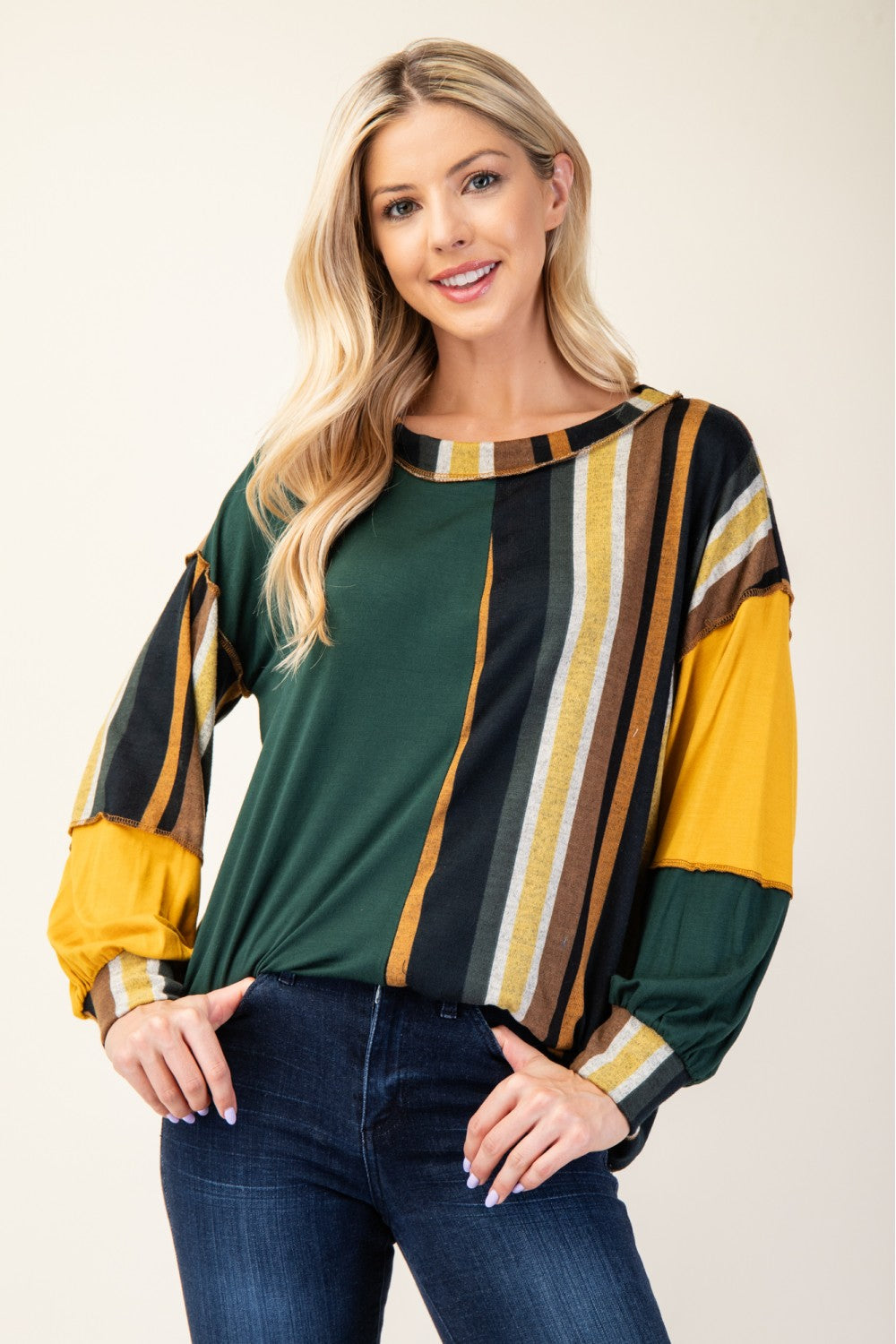 Celeste Full Size Striped Color Block Exposed Seam T-Shirt-TOPS / DRESSES-[Adult]-[Female]-Hunter Green Stripe-S-2022 Online Blue Zone Planet