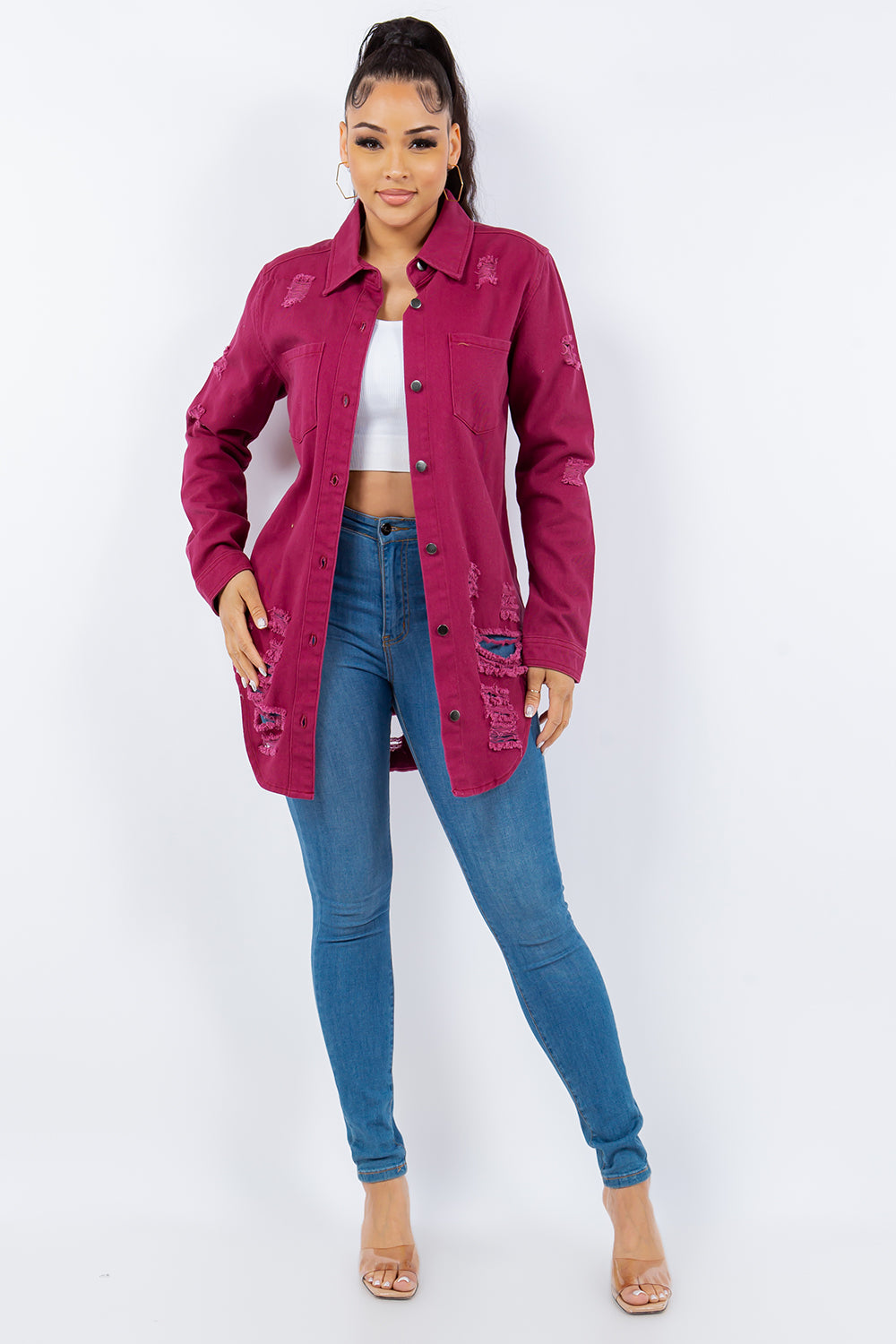 Blue Zone Planet | American Bazi Distressed Button Up Long Sleeve Denim Jacket-TOPS / DRESSES-[Adult]-[Female]-2022 Online Blue Zone Planet