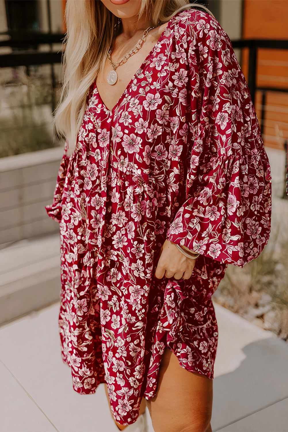 Purple Plus Floral Balloon Sleeve V Neck Relaxed Dress-Plus Size/Plus Size Dresses/Plus Size Mini Dresses-[Adult]-[Female]-Purple-1X-2022 Online Blue Zone Planet