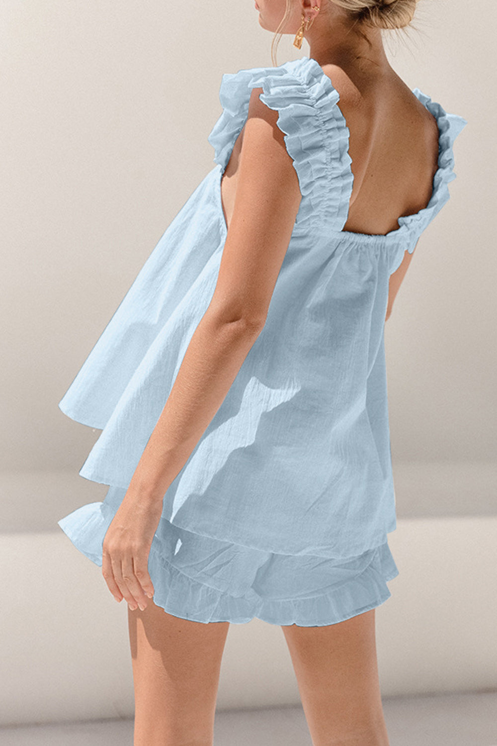 Blue Zone Planet | Ruffled Square Neck Top and Shorts Set-TOPS / DRESSES-[Adult]-[Female]-2022 Online Blue Zone Planet