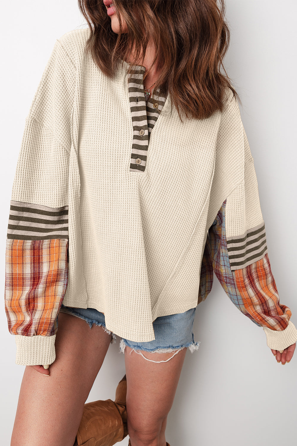 Beige Waffle Stripe Plaid Patchwork Henley Knit Top-Tops/Long Sleeve Tops-[Adult]-[Female]-Beige-S-2022 Online Blue Zone Planet
