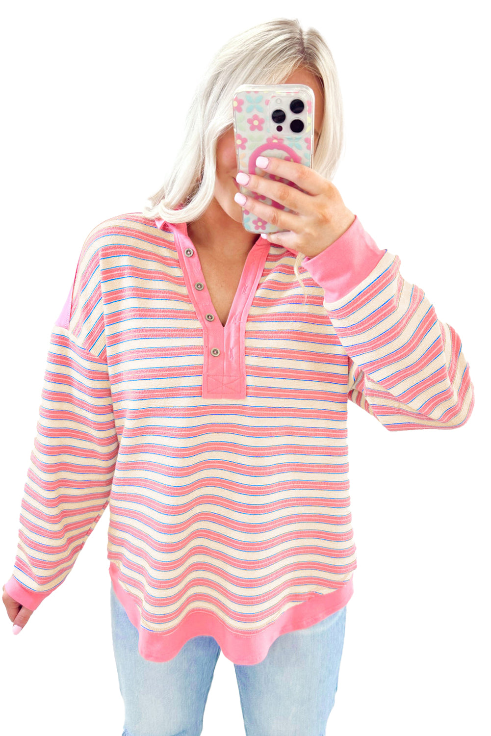 Pink Stripe Collared V Neck Drop Shoulder Top-Long Sleeve Tops-[Adult]-[Female]-2022 Online Blue Zone Planet