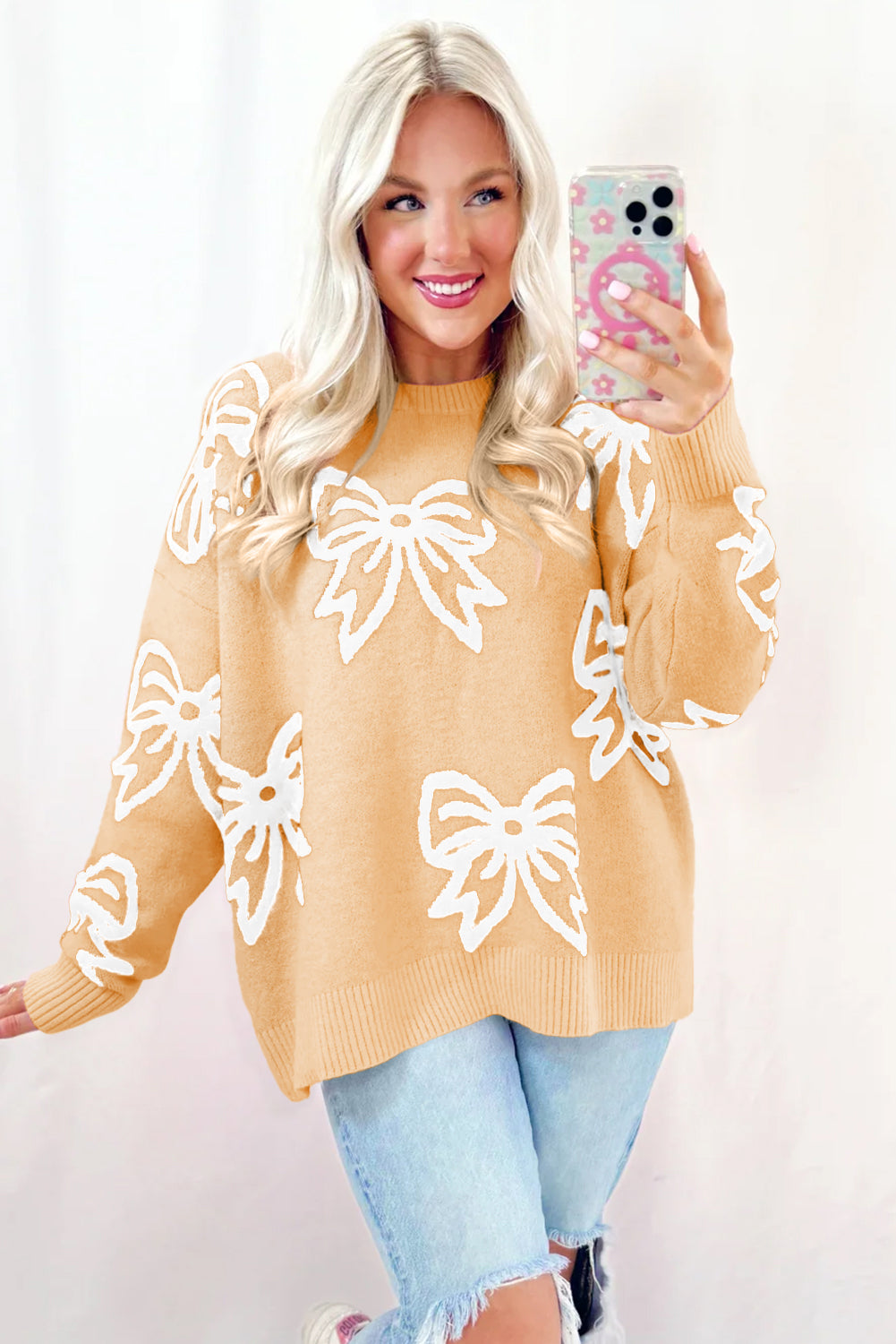 Golden Fleece Bow Pattern Drop Shoulder Loose Sweater-Sweaters & Cardigans/Sweaters-[Adult]-[Female]-2022 Online Blue Zone Planet