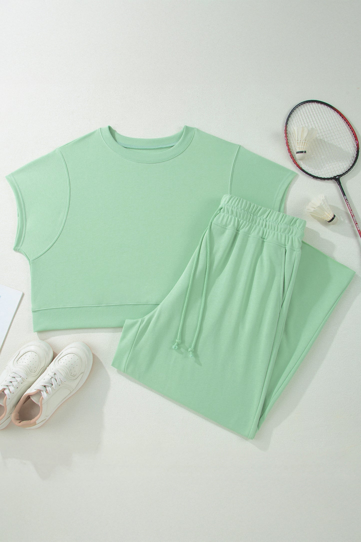Clearly Aqua Solid Color Ribbed Trim Short Sleeve Top Drawstring Loose Pants 2pcs Outfit-Plus Size/Plus Size Loungewear-[Adult]-[Female]-2022 Online Blue Zone Planet
