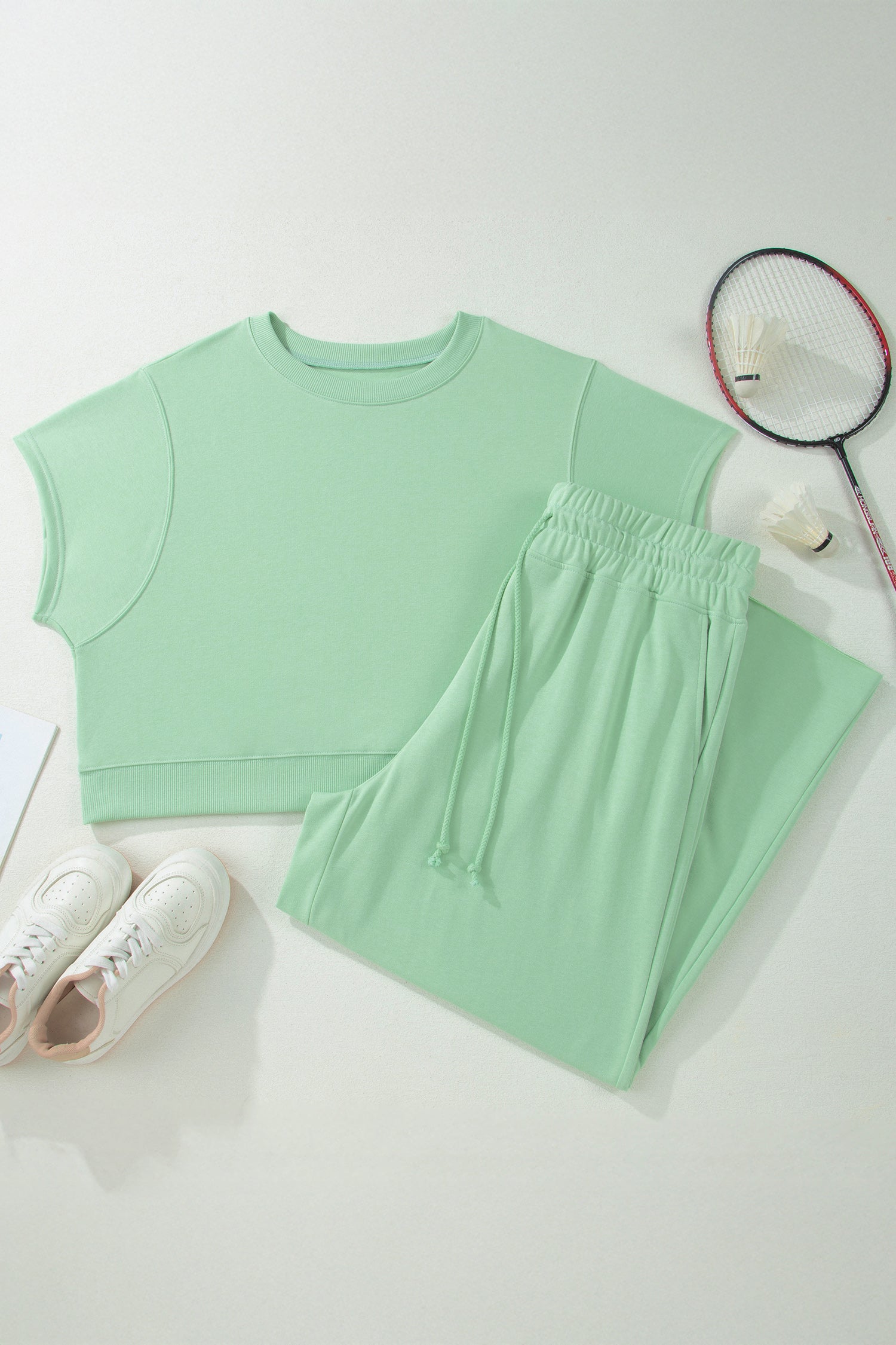 Clearly Aqua Solid Color Ribbed Trim Short Sleeve Top Drawstring Loose Pants 2pcs Outfit-Plus Size/Plus Size Loungewear-[Adult]-[Female]-2022 Online Blue Zone Planet