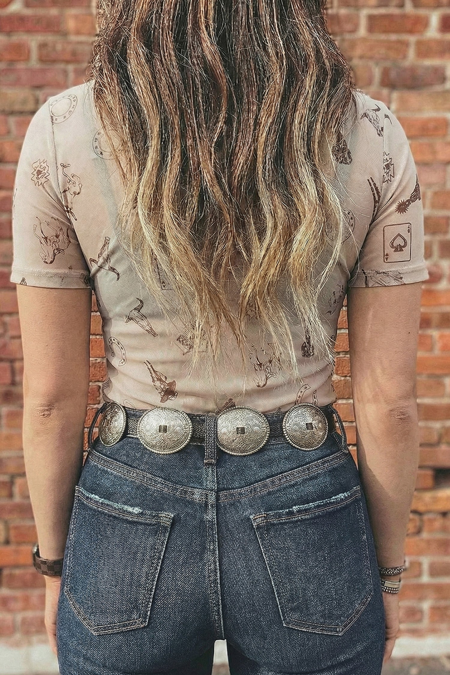 Oatmeal Western Printed Mesh Short Sleeve Top-Tops/Tops & Tees-[Adult]-[Female]-2022 Online Blue Zone Planet