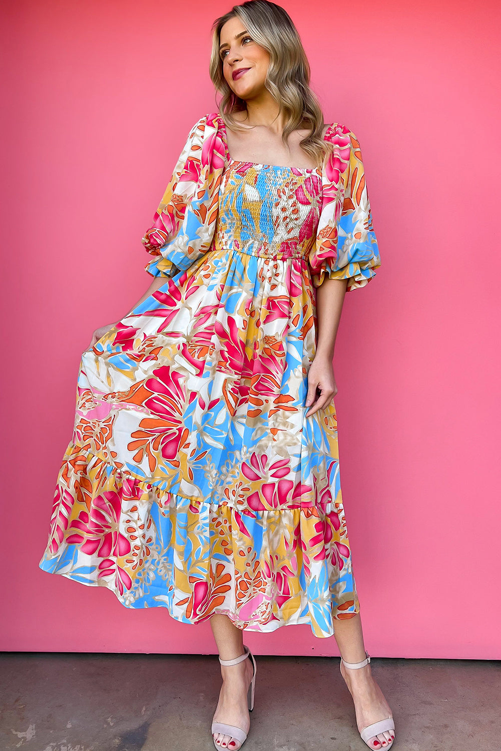 Rose Red Tropical Print Smocked Bodice Puff Sleeve Midi Dress-Midi Dresses-[Adult]-[Female]-2022 Online Blue Zone Planet