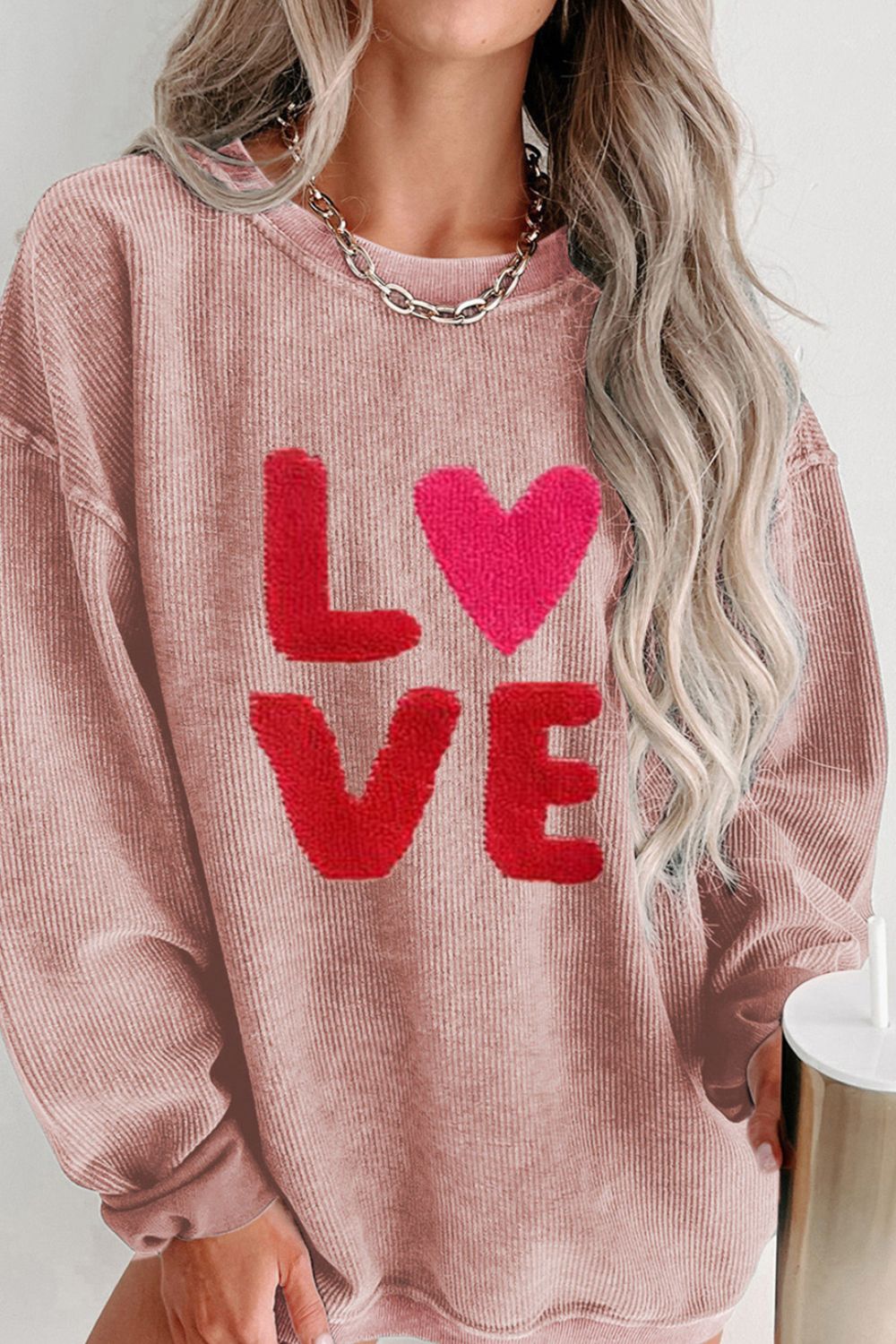 Blue Zone Planet | Valentine’s Day LOVE Round Neck Long Sleeve Sweatshirt-TOPS / DRESSES-[Adult]-[Female]-Dusty Pink-S-2022 Online Blue Zone Planet