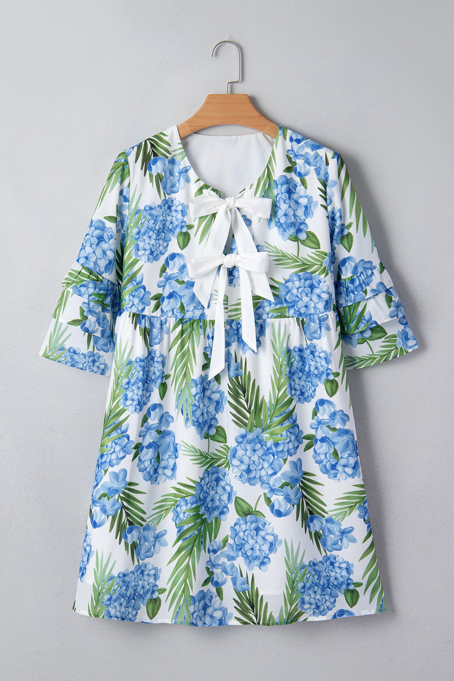 Sky Blue Palm Floral Print Contrast Ribbon Knot Ruffle Tiered Sleeve Mini Dress-Dresses/Floral Dresses-[Adult]-[Female]-2022 Online Blue Zone Planet