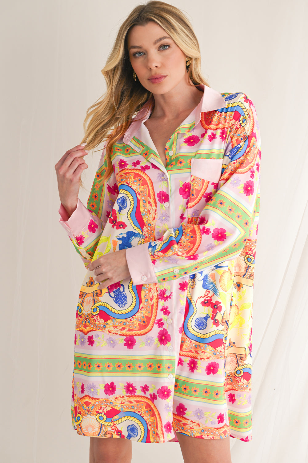 Multicolour Abstract Print Button Long Sleeve Shirt Dress-Short Dresses-[Adult]-[Female]-2022 Online Blue Zone Planet