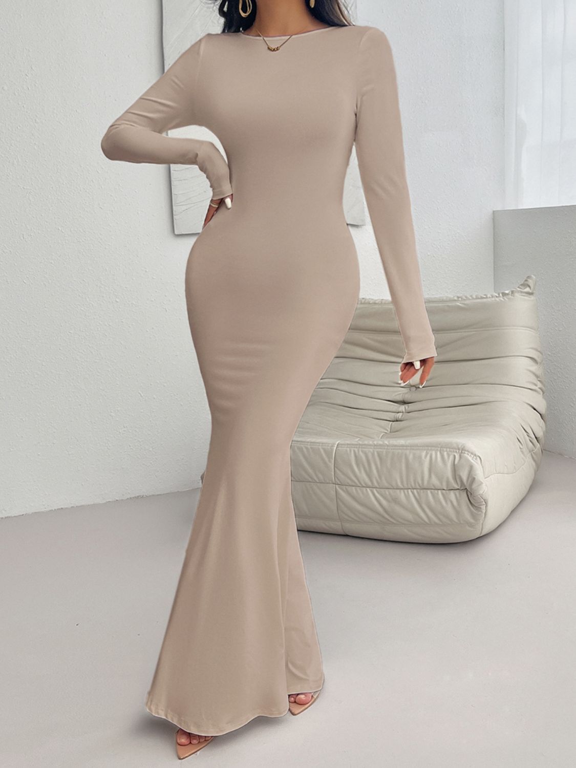 Devine Backless Round Neck Long Sleeve Maxi Dress-TOPS / DRESSES-[Adult]-[Female]-Khaki-S-2022 Online Blue Zone Planet