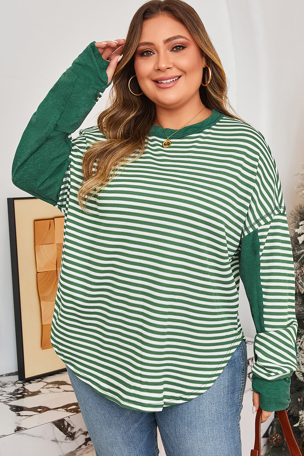 Green Stripe Exposed Seam Patchwork Plus Size Thermal Top-Plus Size/Plus Size Tops/Plus Size Long Sleeve Tops-[Adult]-[Female]-2022 Online Blue Zone Planet