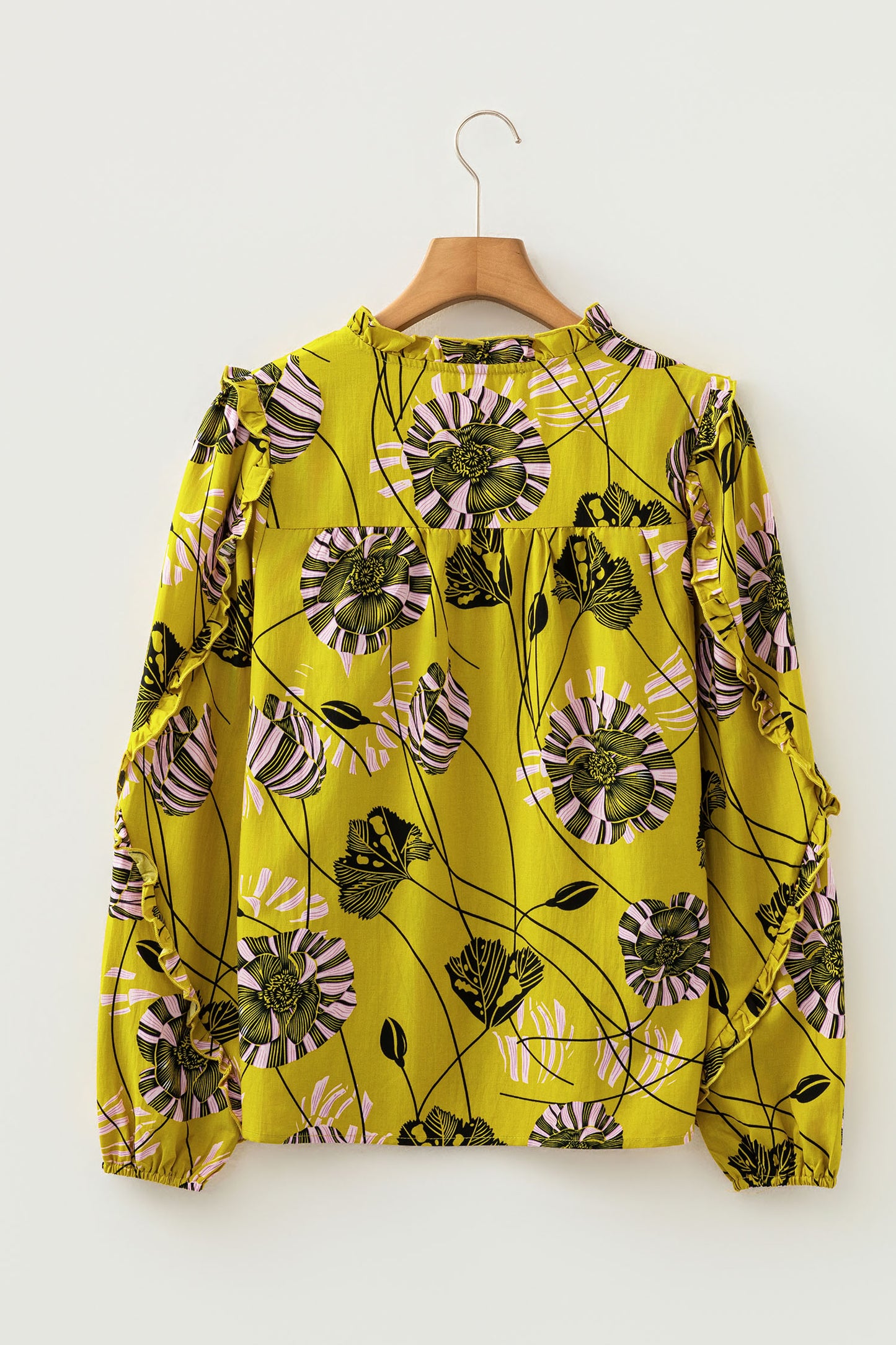 Yellow Vintage Floral V Neck Ruffle Trim Long Sleeve Blouse-Tops/Blouses & Shirts-[Adult]-[Female]-2022 Online Blue Zone Planet