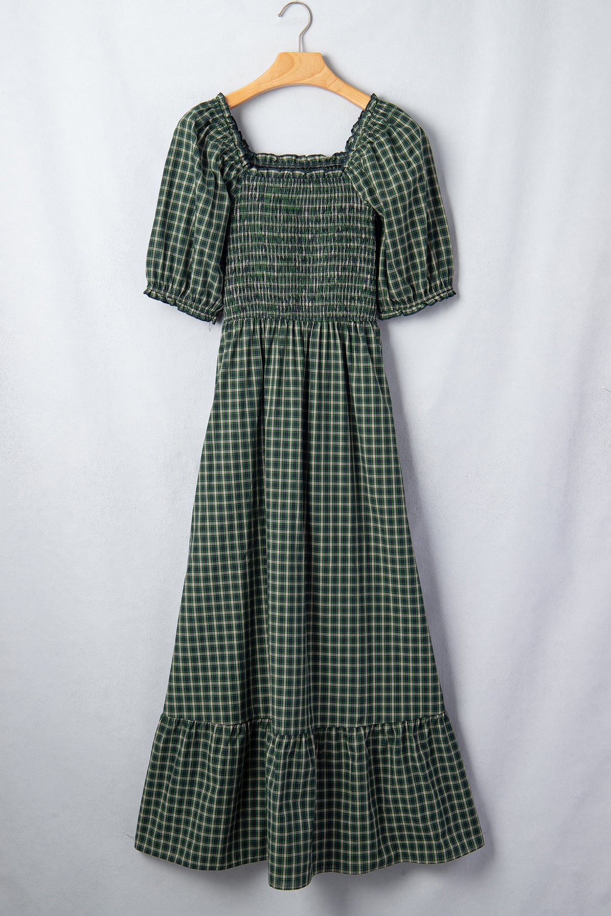 Green Plaid Square Neck Shirred High Waist Ruffle Hem Dress-TOPS / DRESSES-[Adult]-[Female]-2022 Online Blue Zone Planet