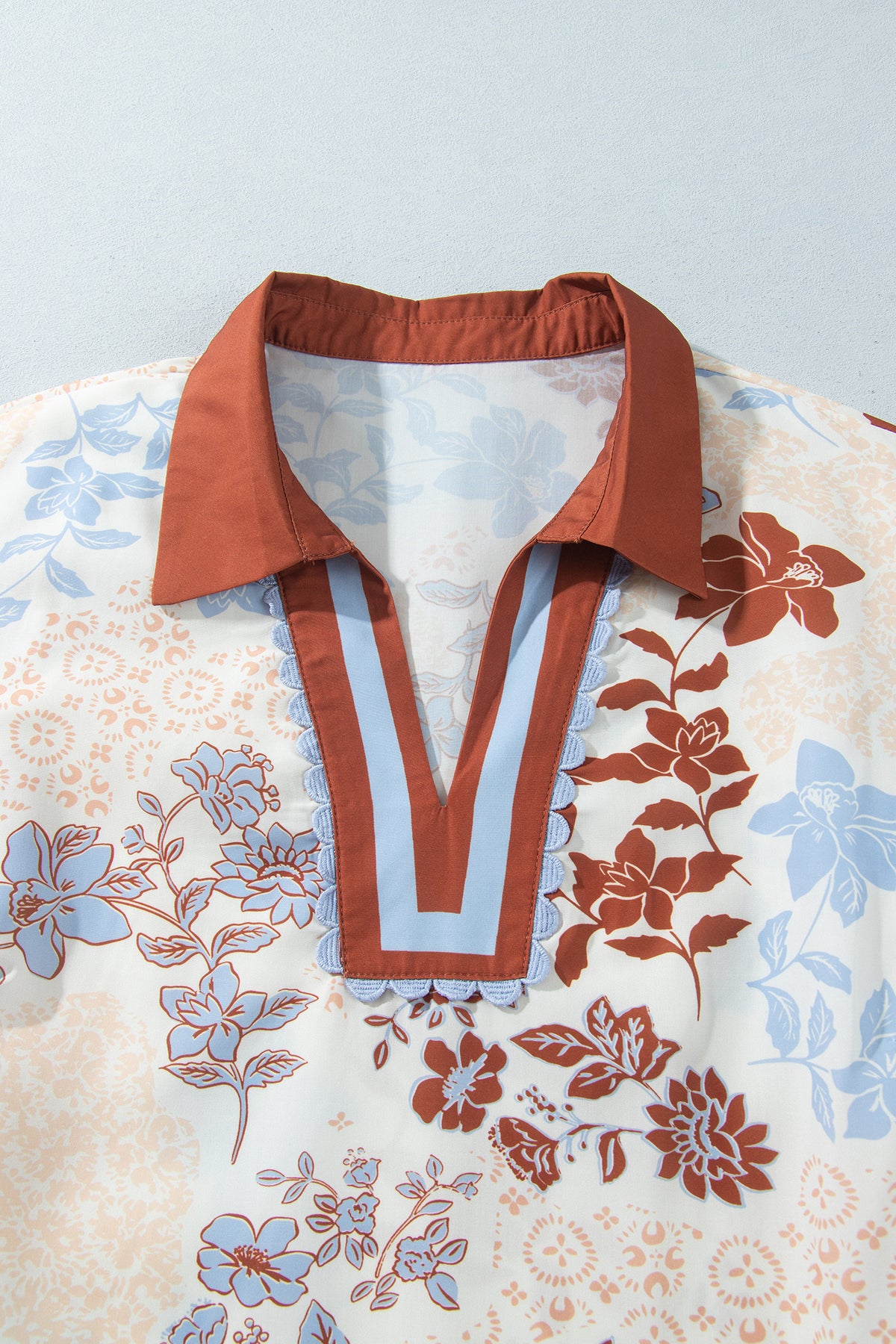 White Plus Size Floral Print Contrast Collar V Neck Long Sleeve Blouse-Plus Size/Plus Size Tops/Plus Size Blouses & Shirts-[Adult]-[Female]-2022 Online Blue Zone Planet