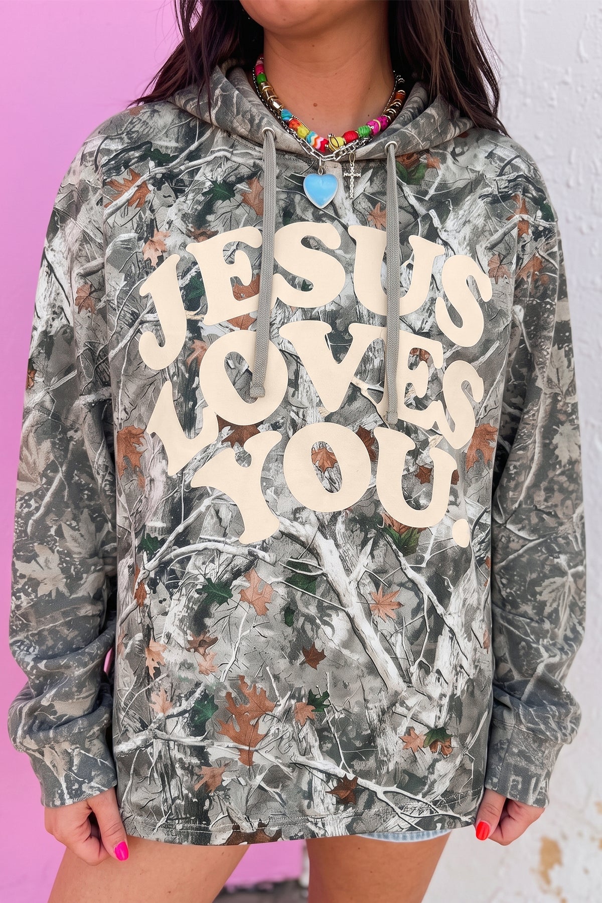 Beige Woodland Camouflage Print JESUS LOVES YOU Tunic Hoodie-Tops / Dresses-[Adult]-[Female]-Beige-S-2022 Online Blue Zone Planet