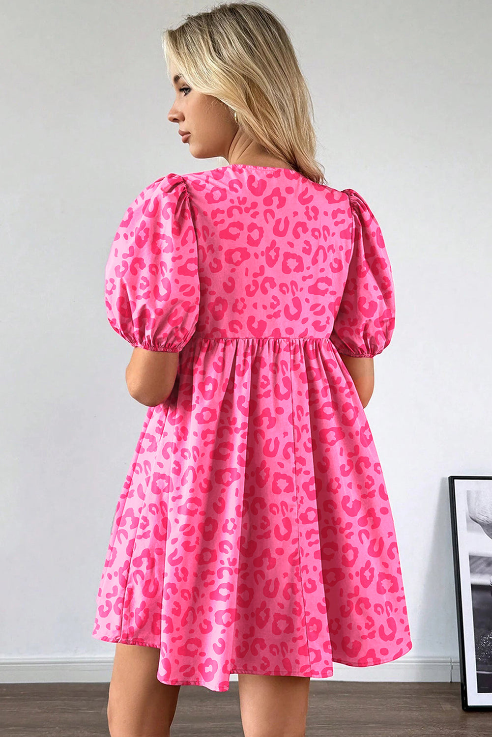 Rose Leopard Puff Sleeve Tie Front High Waist Mini Dress-Dresses/Mini Dresses-[Adult]-[Female]-2022 Online Blue Zone Planet