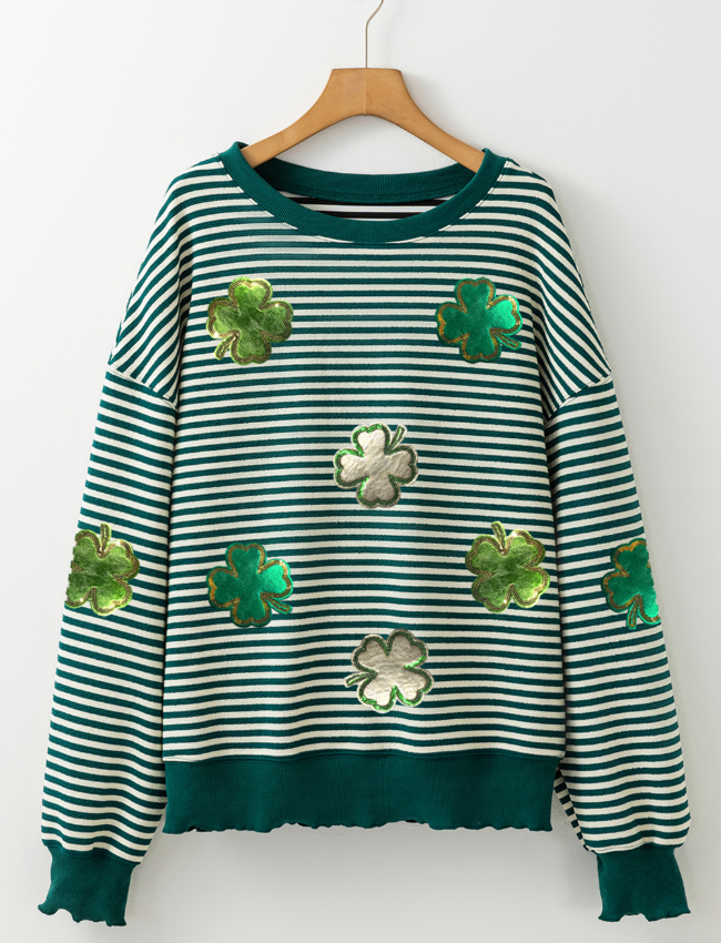 Stripe Lucky Clover Drop Shoulder Sweatshirt-TOPS / DRESSES-[Adult]-[Female]-2022 Online Blue Zone Planet