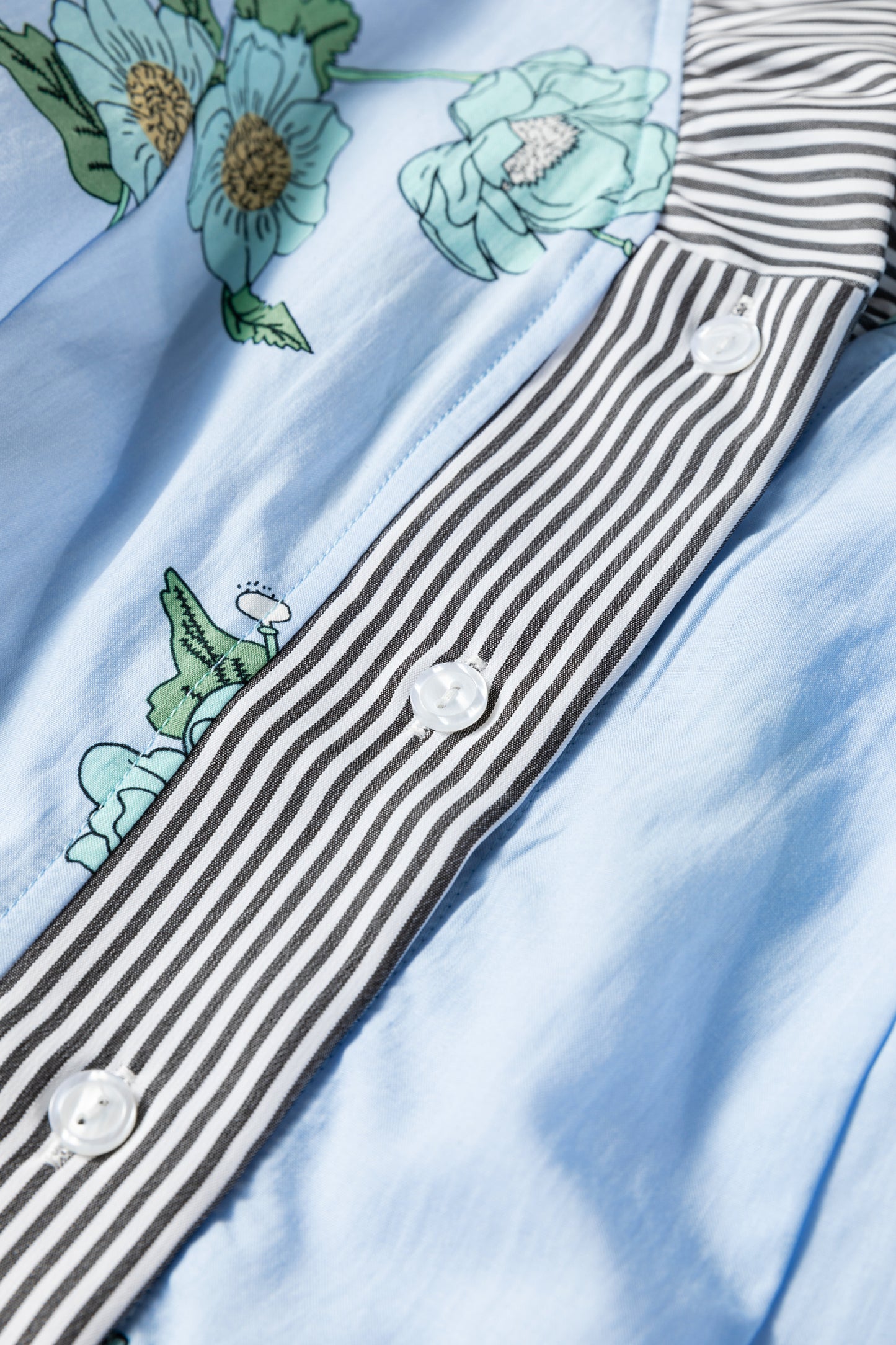 Sky Blue Floral Print Contrast Striped Trim Ruffled V Neck Fall Blouse-Tops/Blouses & Shirts-[Adult]-[Female]-2022 Online Blue Zone Planet