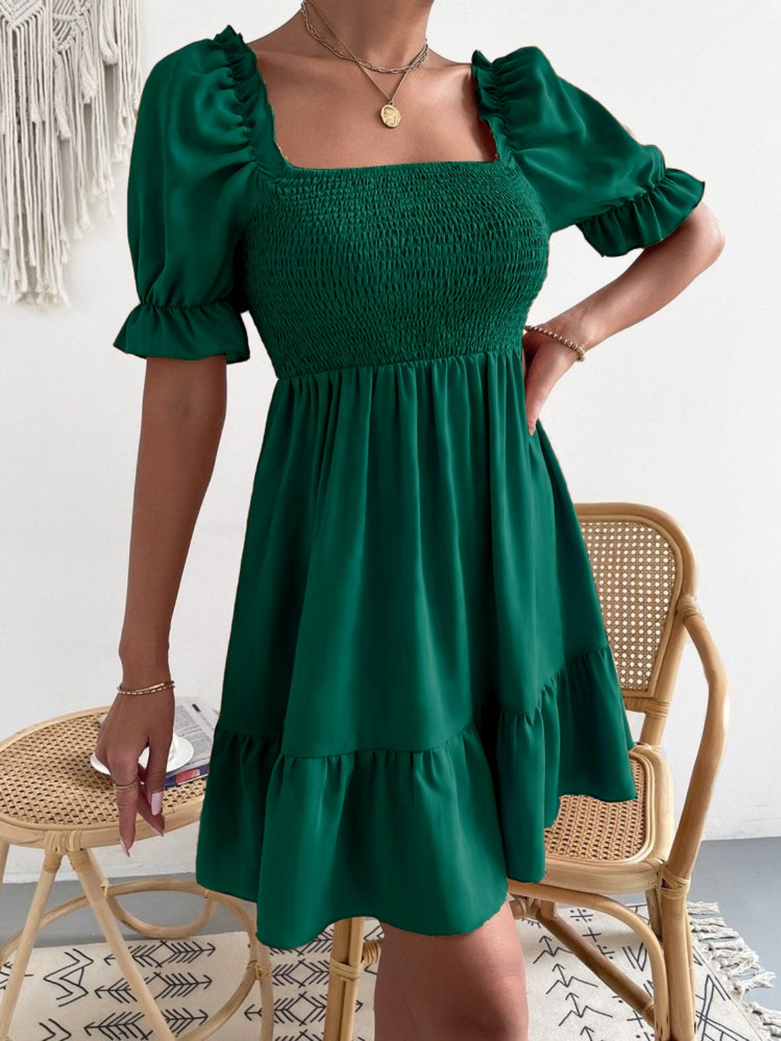 Smocked Square Neck Short Sleeve Dress-TOPS / DRESSES-[Adult]-[Female]-Dark Green-S-2022 Online Blue Zone Planet