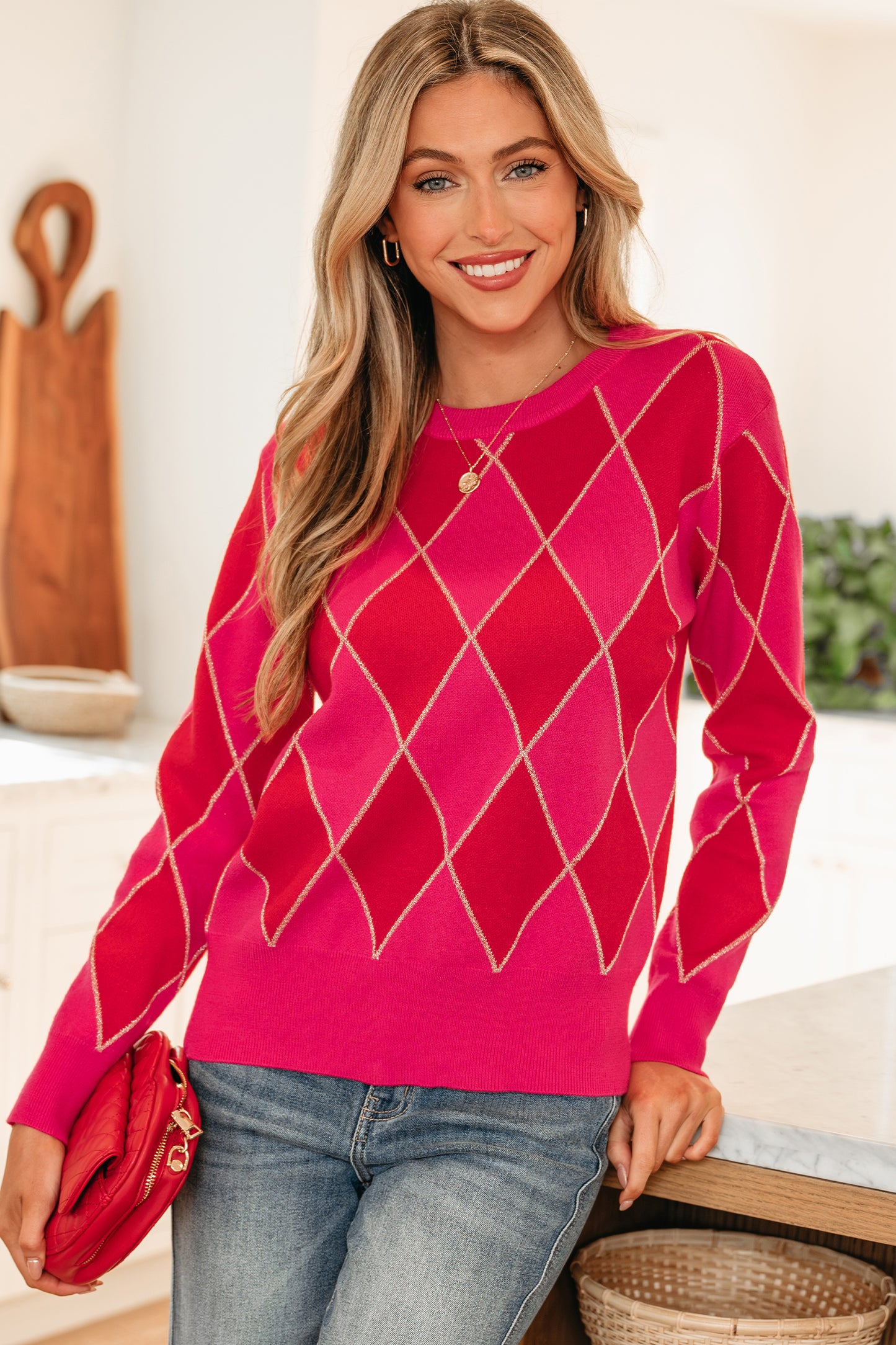 Rose Red Glitter Rhombus Pattern Knit Womens Casual Sweater-TOPS / DRESSES-[Adult]-[Female]-2022 Online Blue Zone Planet