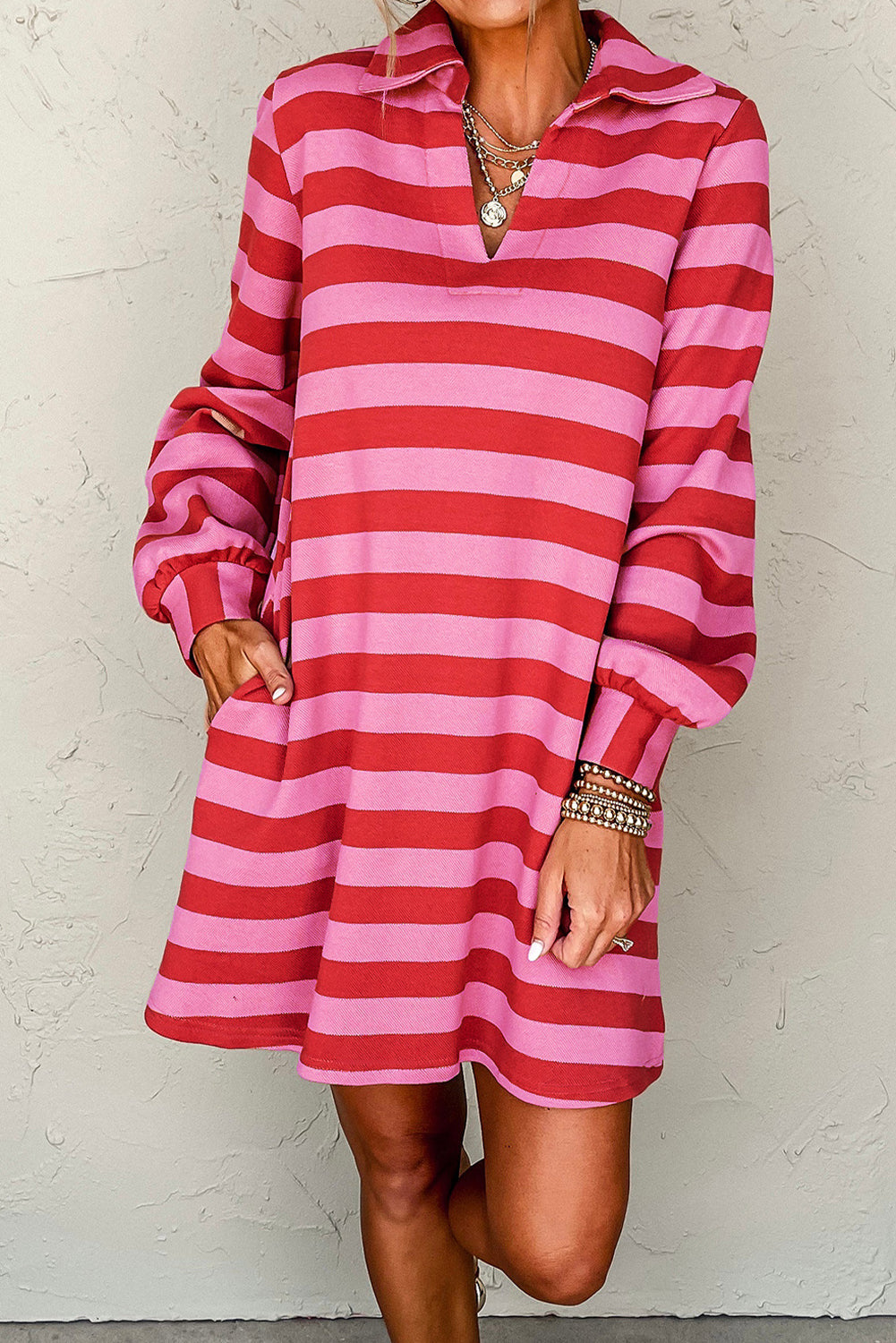 Black Stripe Polo Neck Shift Fit Sweatshirt Dress with Side Pockets-Dresses/Mini Dresses-[Adult]-[Female]-Red Stripe-XS-2022 Online Blue Zone Planet