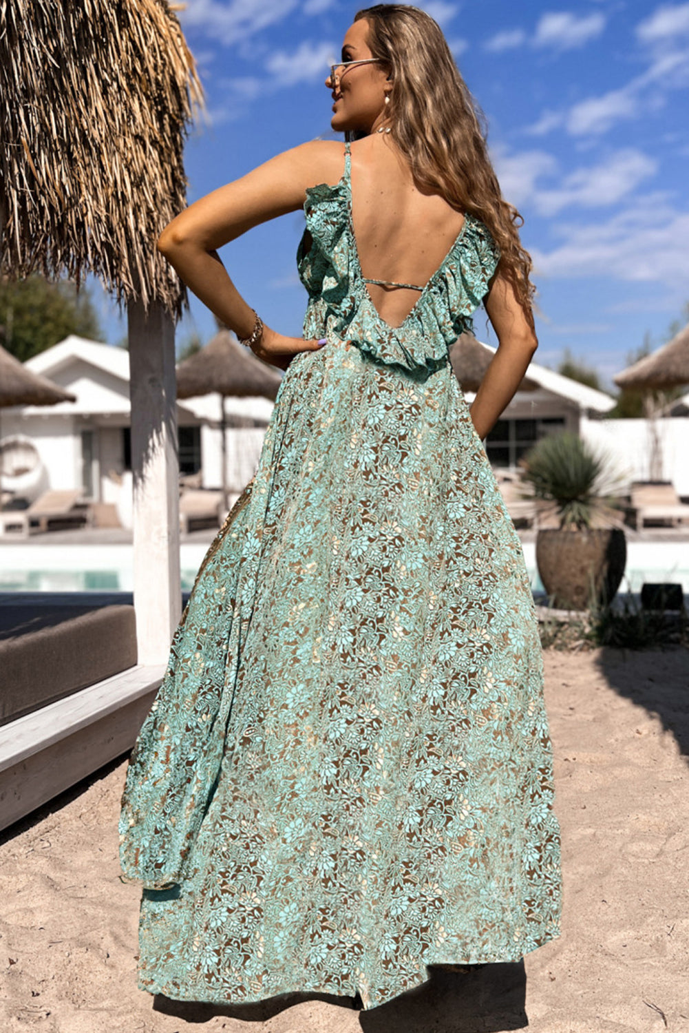 Green Floral Print V Neck Ruffled Trim Backless Tassel Waist Maxi Green / M / 100%Polyester by Blue Zone Planet Green Floral Print V Neck Ruffled Trim Backless Tassel Waist Maxi Green / M / 100%Polyester by Blue Zone Planet