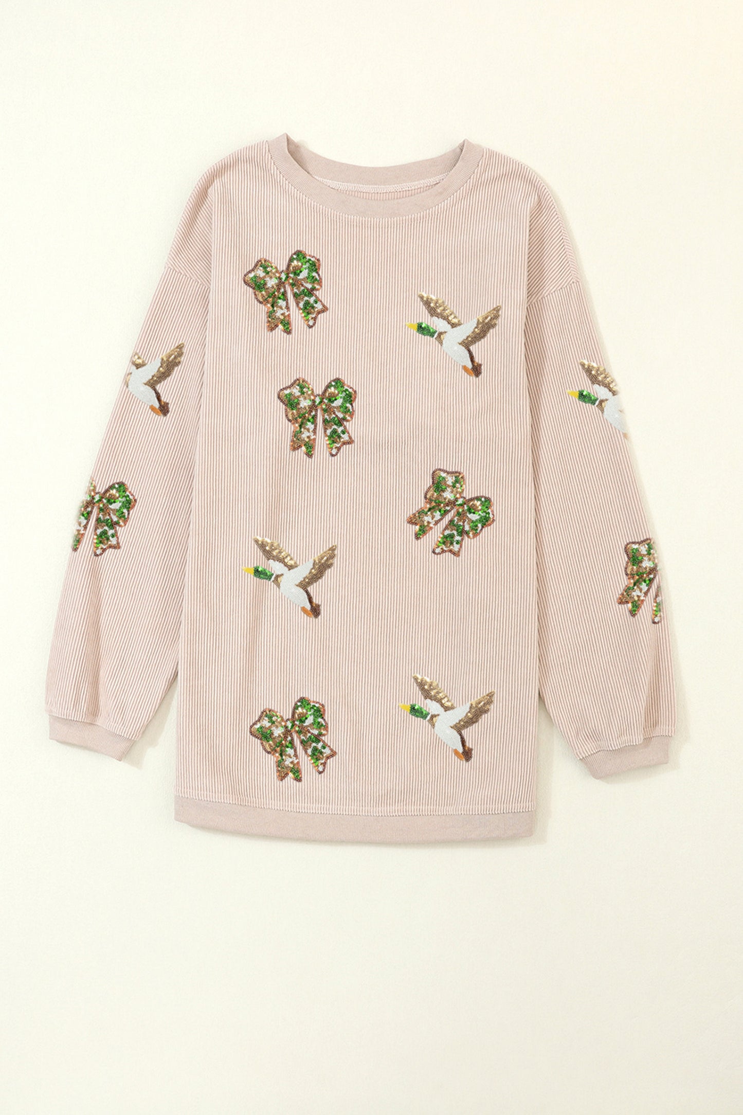 Apricot Twisted Rib Sequin Patched Mallard Bow Pattern Oversized Sweatshirt-Graphic/Graphic Sweatshirts-[Adult]-[Female]-2022 Online Blue Zone Planet