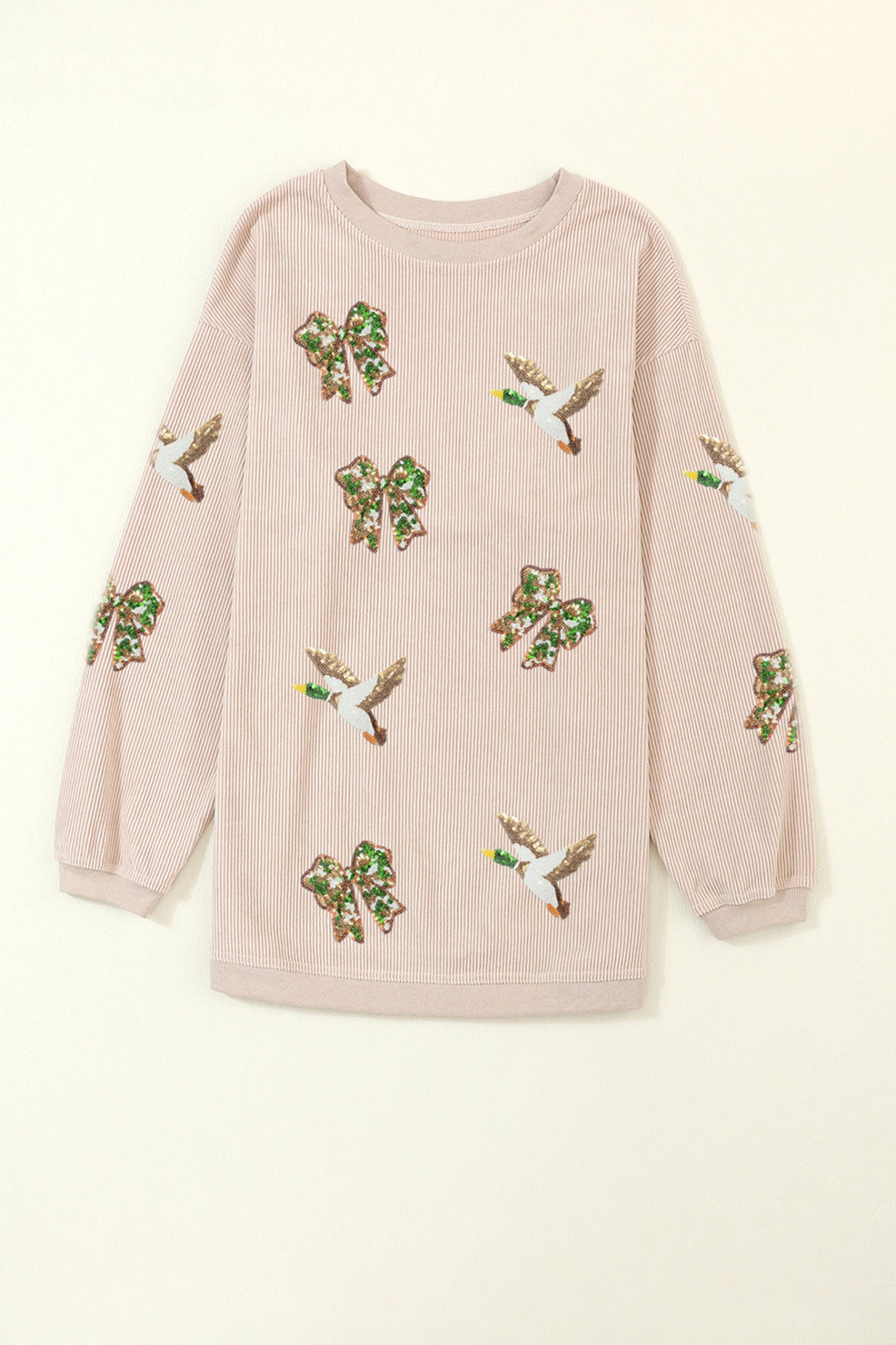Apricot Twisted Rib Sequin Patched Mallard Bow Pattern Oversized Sweatshirt-Graphic/Graphic Sweatshirts-[Adult]-[Female]-2022 Online Blue Zone Planet