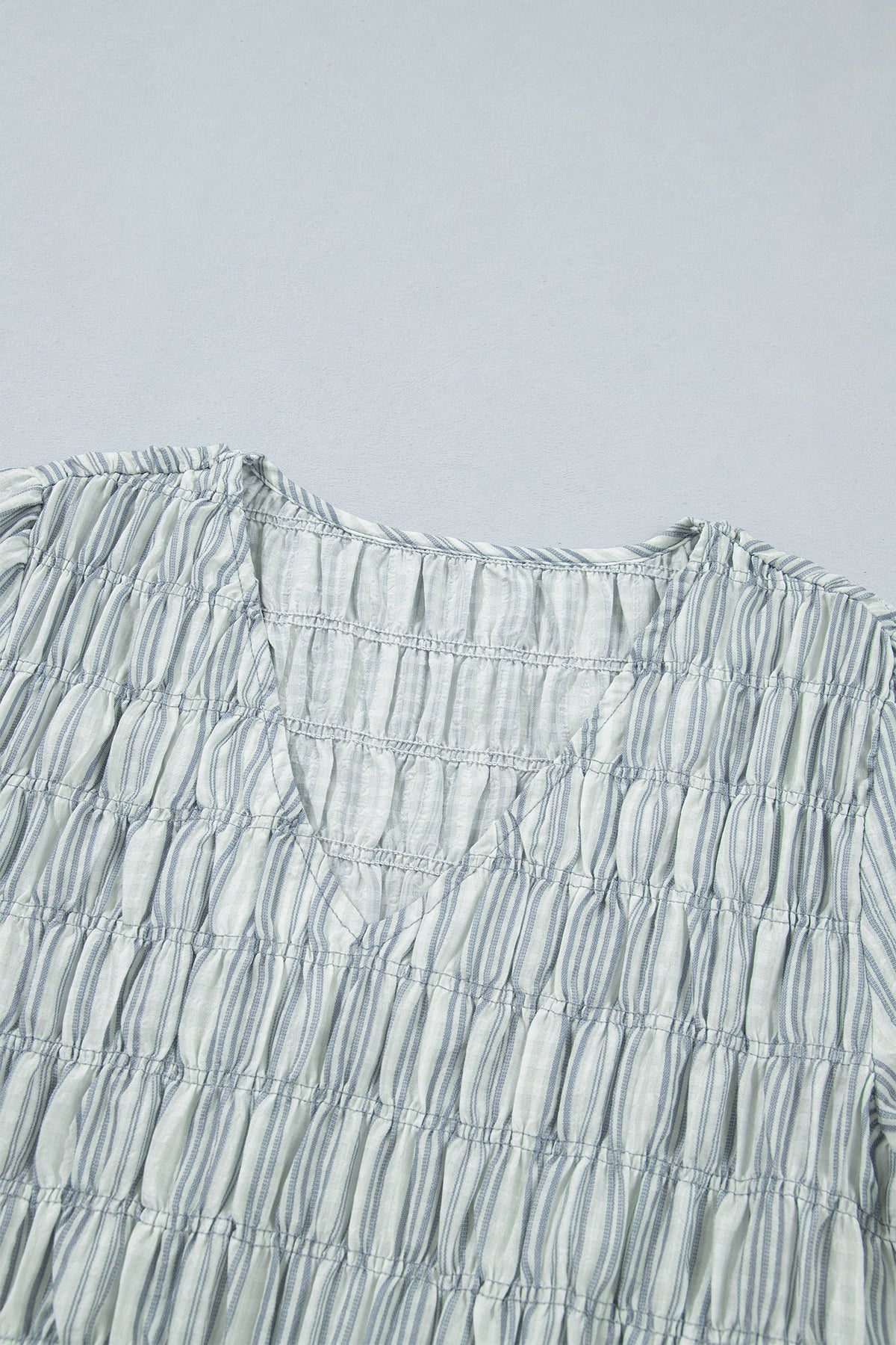 Blue Stripe V Neck Shirred Long Sleeve Blouse-Tops/Blouses & Shirts-[Adult]-[Female]-2022 Online Blue Zone Planet
