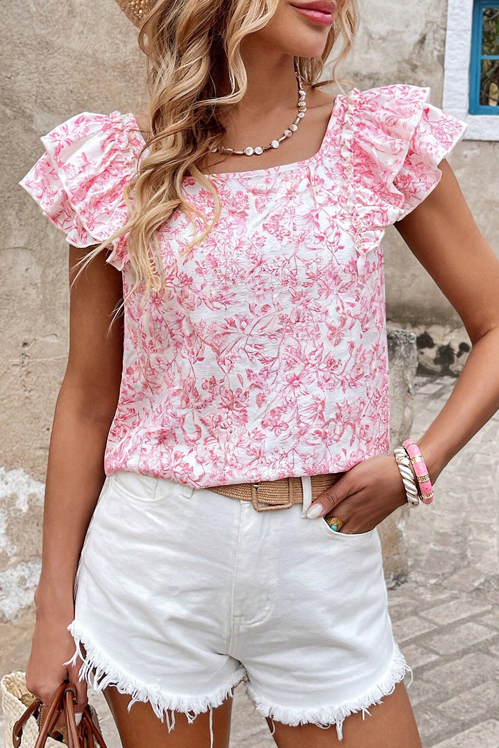 Pink Floral Ruffled Short Sleeve Bow Back Square Neck Blouse-Tops/Blouses & Shirts-[Adult]-[Female]-2022 Online Blue Zone Planet