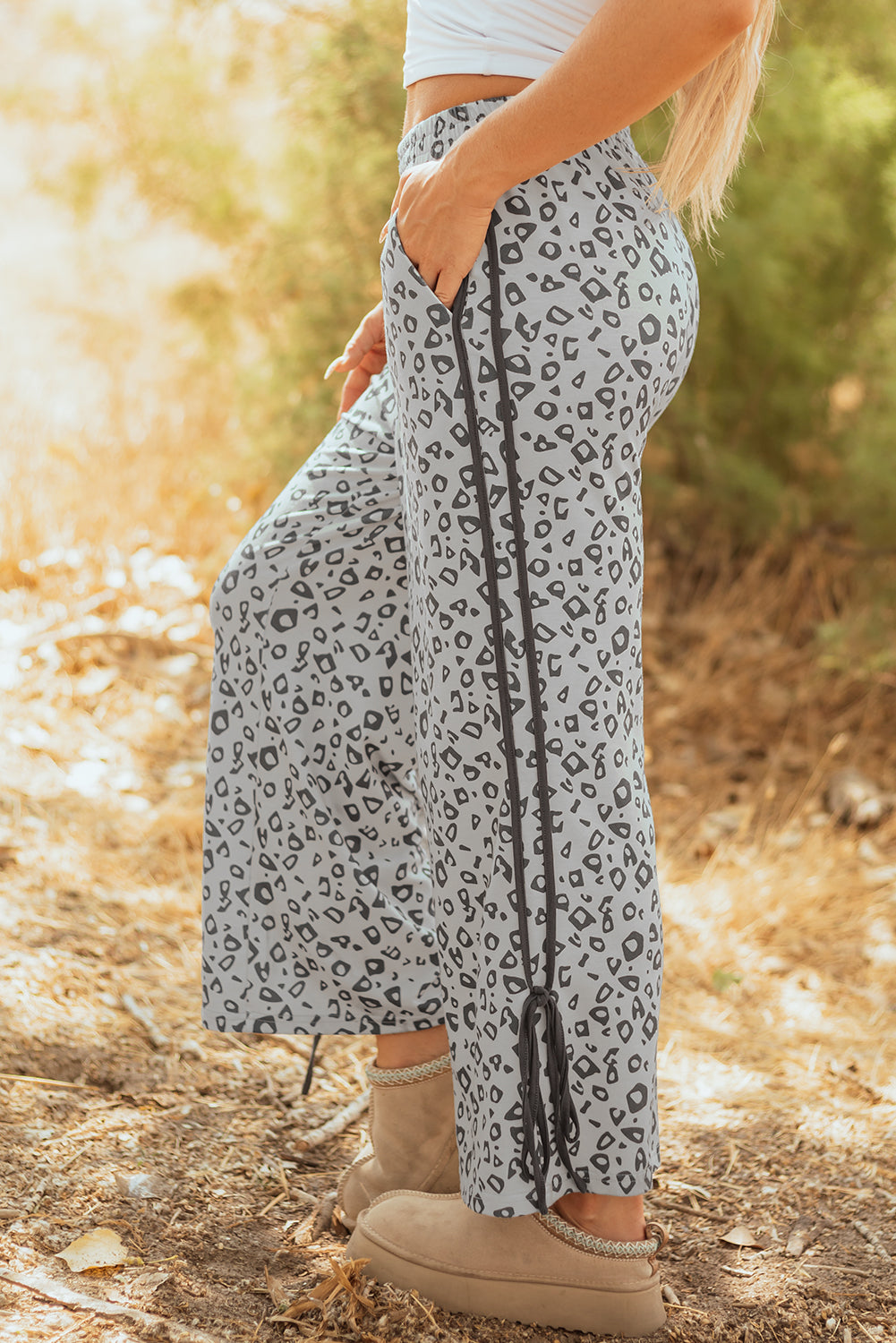 Khaki Leopard High Waist Side Bow Straight Leg-Bottoms/Pants & Culotte-[Adult]-[Female]-2022 Online Blue Zone Planet