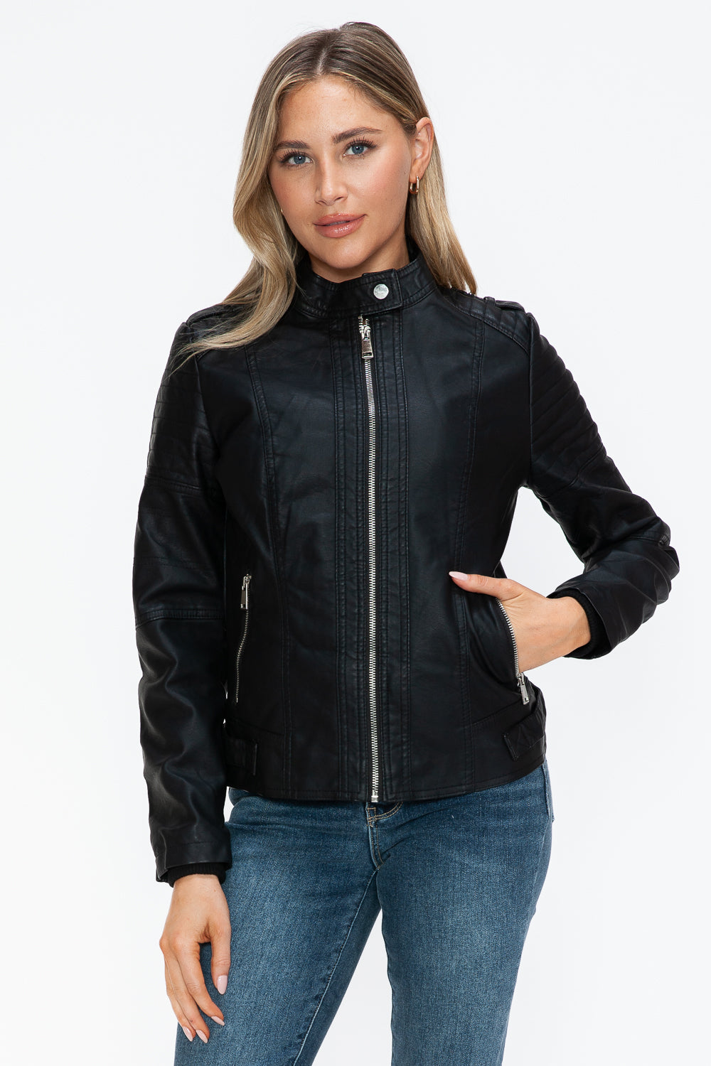 Blue Zone Planet | Snobbish PU Leather Biker Jacket with Side Zip Pockets-TOPS / DRESSES-[Adult]-[Female]-2022 Online Blue Zone Planet