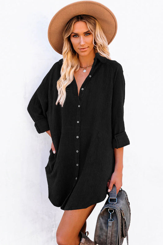 Black Corduroy Shirt Style Full Button Long Sleeve Shift Mini Dress-TOPS / DRESSES-[Adult]-[Female]-Black-S-2022 Online Blue Zone Planet