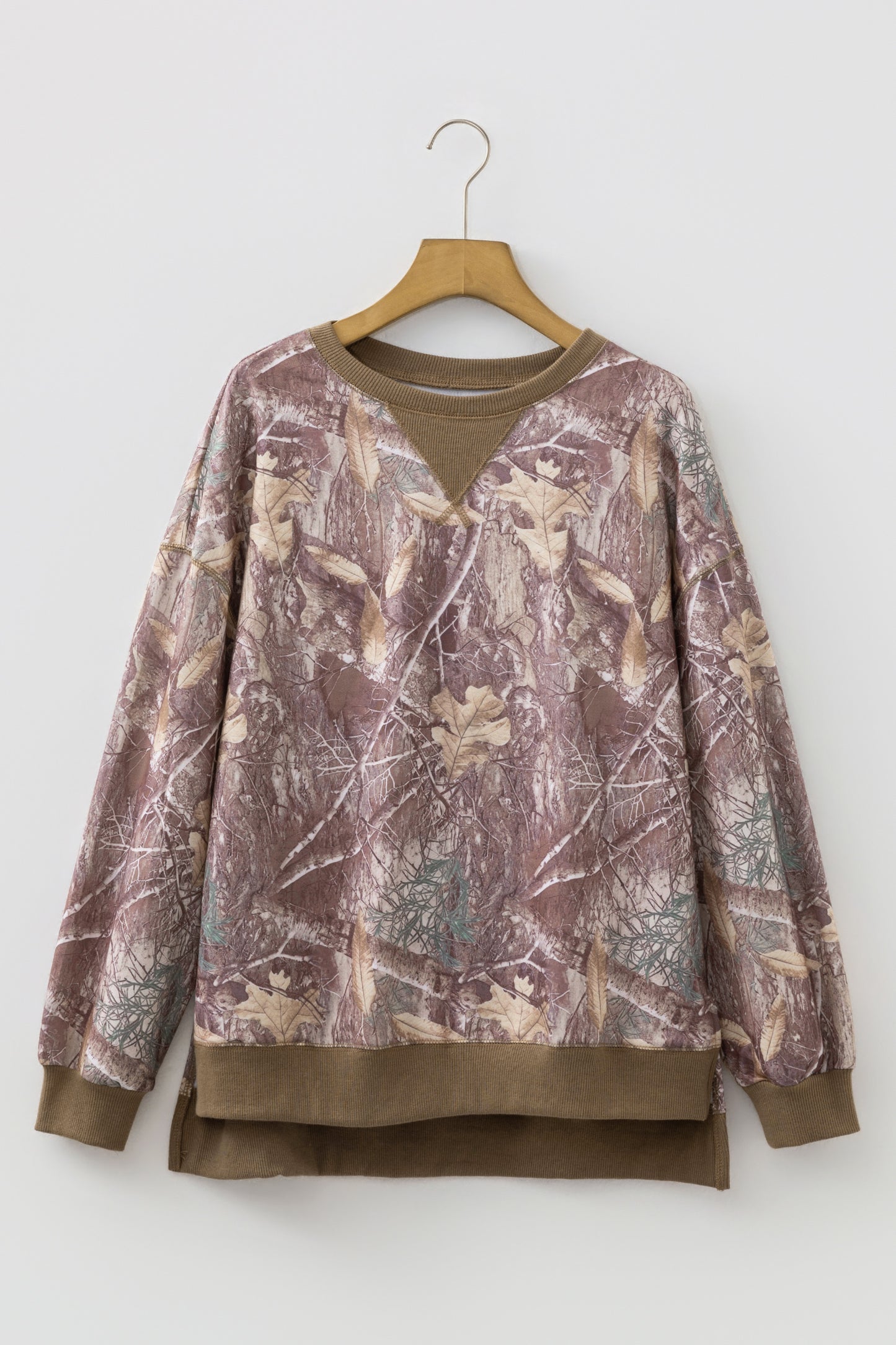 Brown Abstract Camo Print Color Block Detail Baggy Pullover Sweatshirt-Tops/Sweatshirts & Hoodies-[Adult]-[Female]-2022 Online Blue Zone Planet