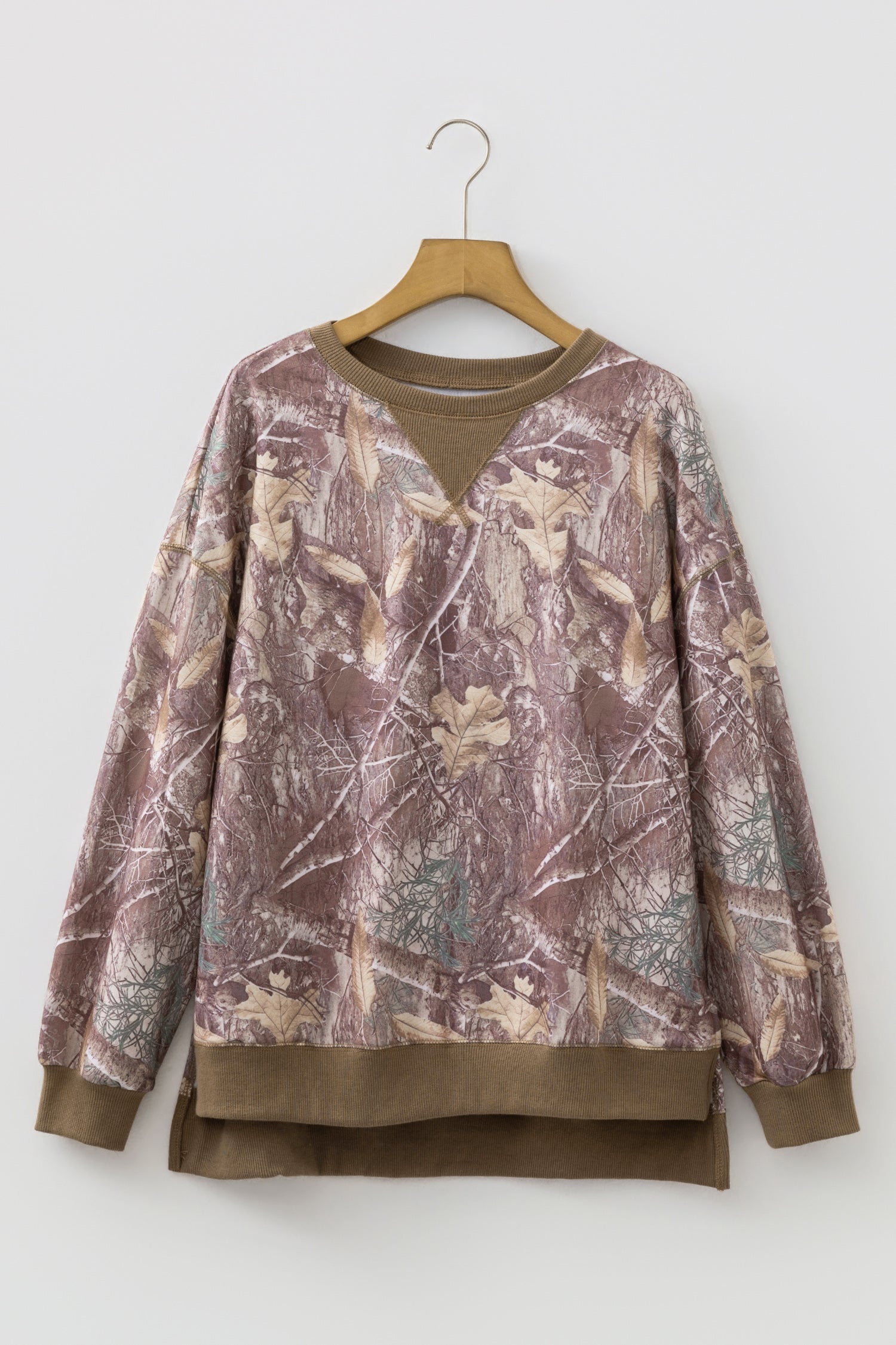 Brown Abstract Camo Print Color Block Detail Baggy Pullover Sweatshirt-Tops/Sweatshirts & Hoodies-[Adult]-[Female]-2022 Online Blue Zone Planet