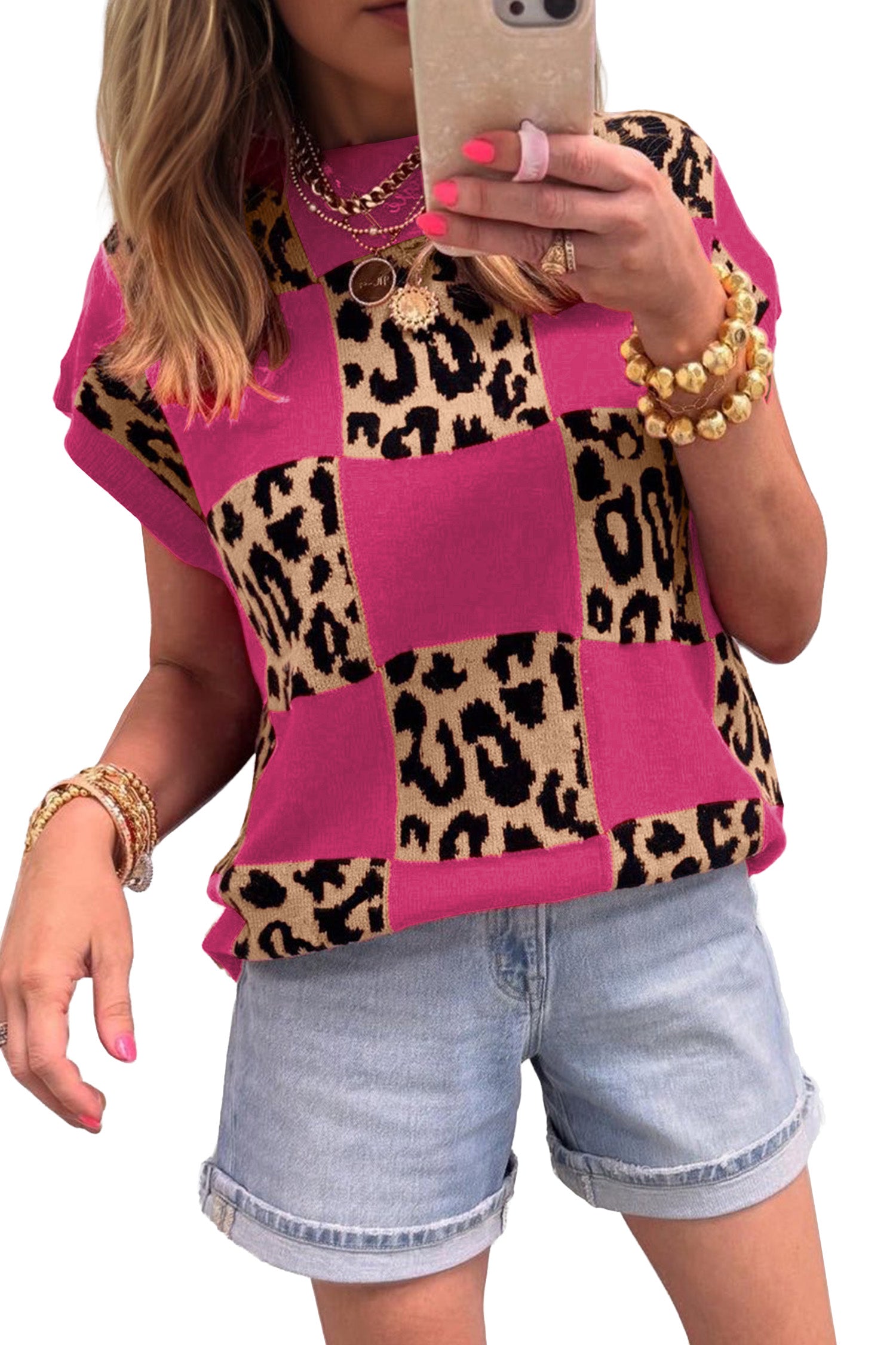 Rose Red Leopard Checkerboard Short Sleeve Knit Sweater-Sweaters & Cardigans/Short Sleeve Sweaters-[Adult]-[Female]-2022 Online Blue Zone Planet